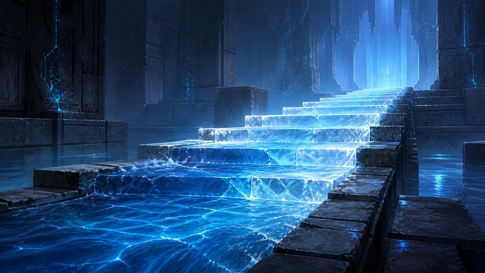 Ancient stone chamber where a flowing blue channel crystallizes into a luminous stepped ice bridge
