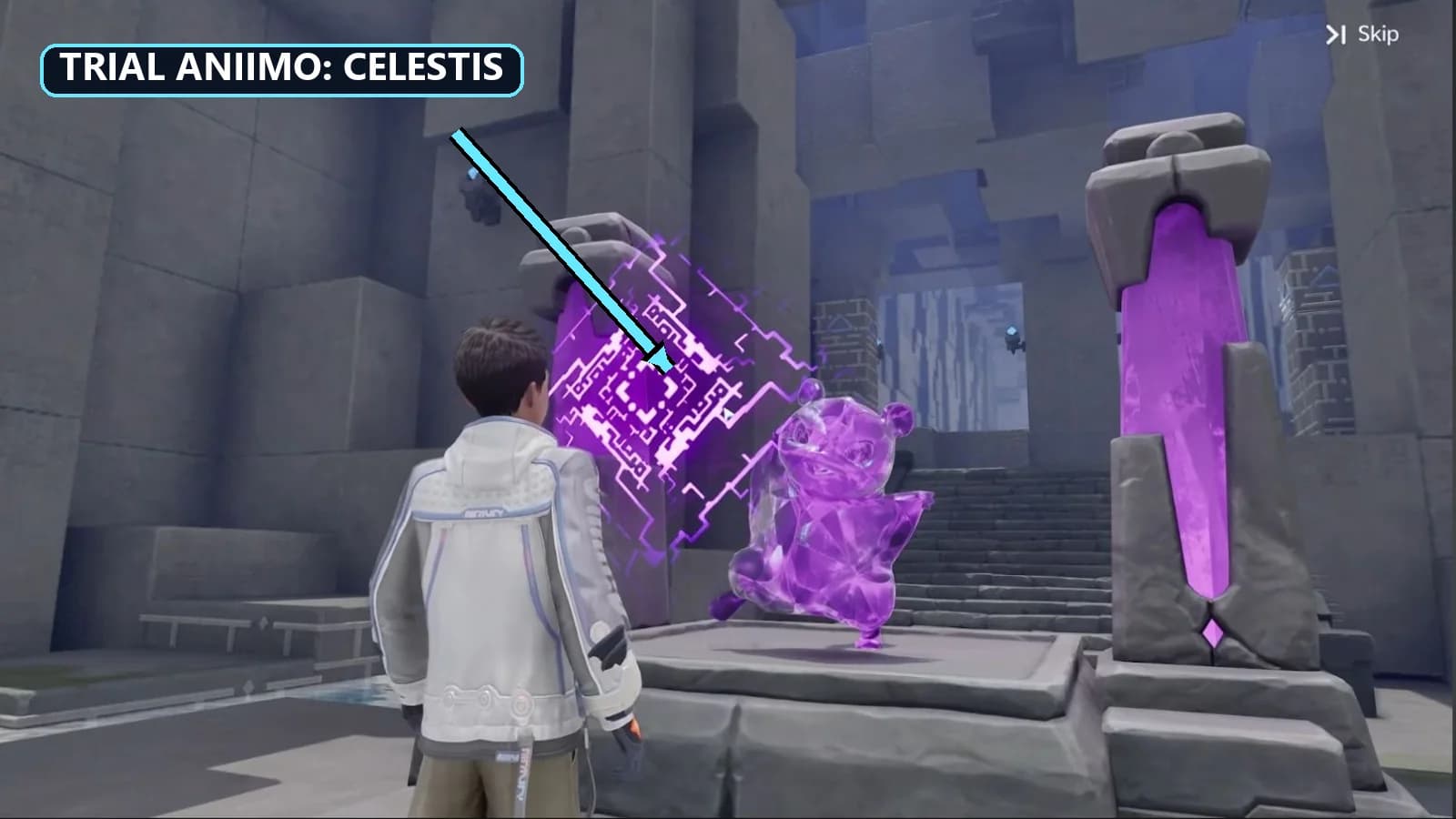 Wings Unfurled trial statue materializing Celestis between two purple stone pillars