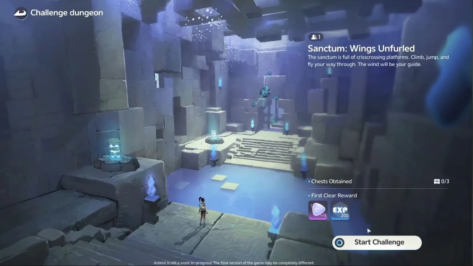 Wings Unfurled entrance card showing one required player, zero of three chests and a first-clear item beside EXP 200