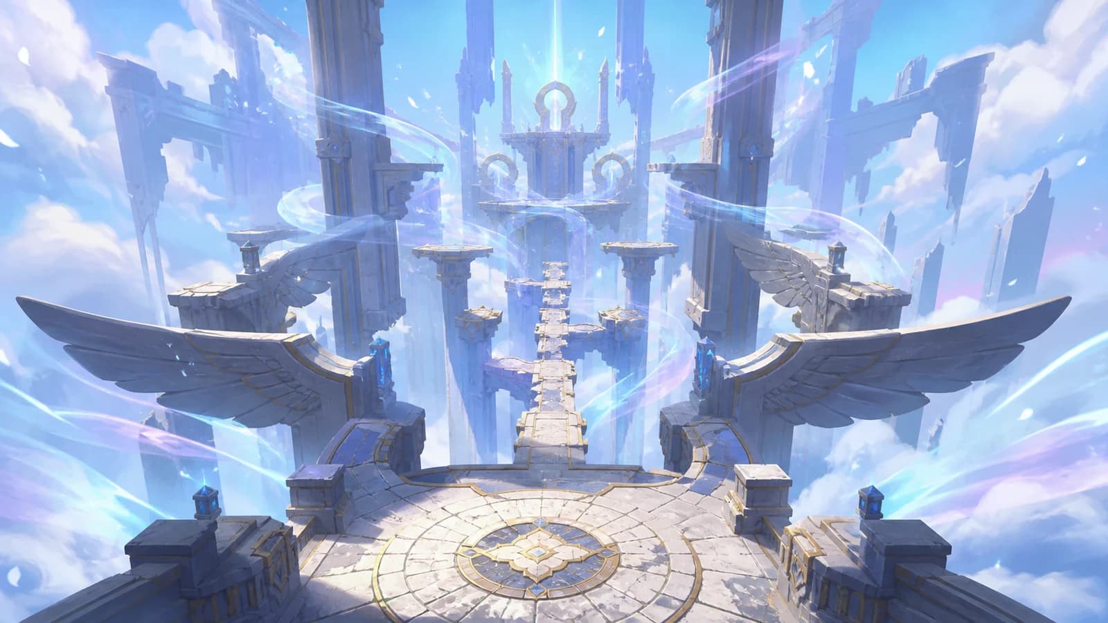 Ancient open-sky stone hall with wing-shaped platforms and luminous wind ribbons rising between them