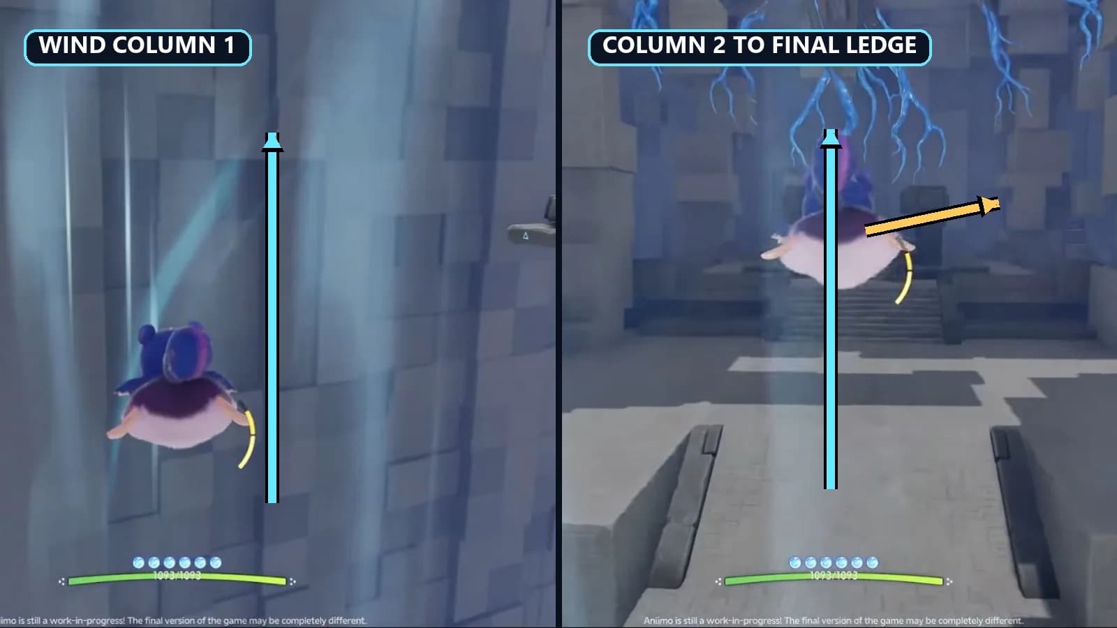 Annotated split view of Celestis rising through two vertical wind columns and steering toward the final ledge