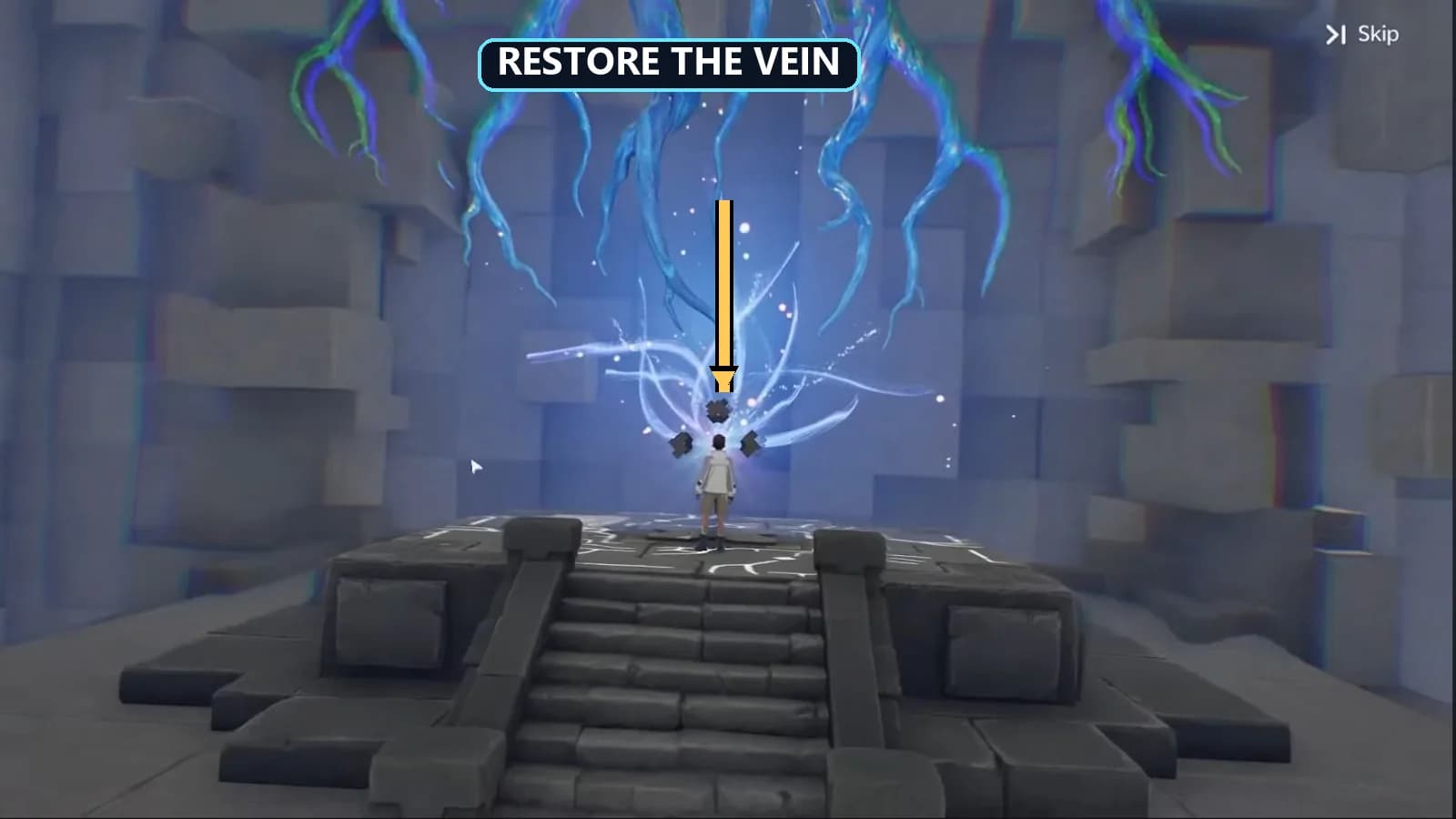 Restoration cinematic showing the Pathfinder beneath illuminated blue-green Vein branches