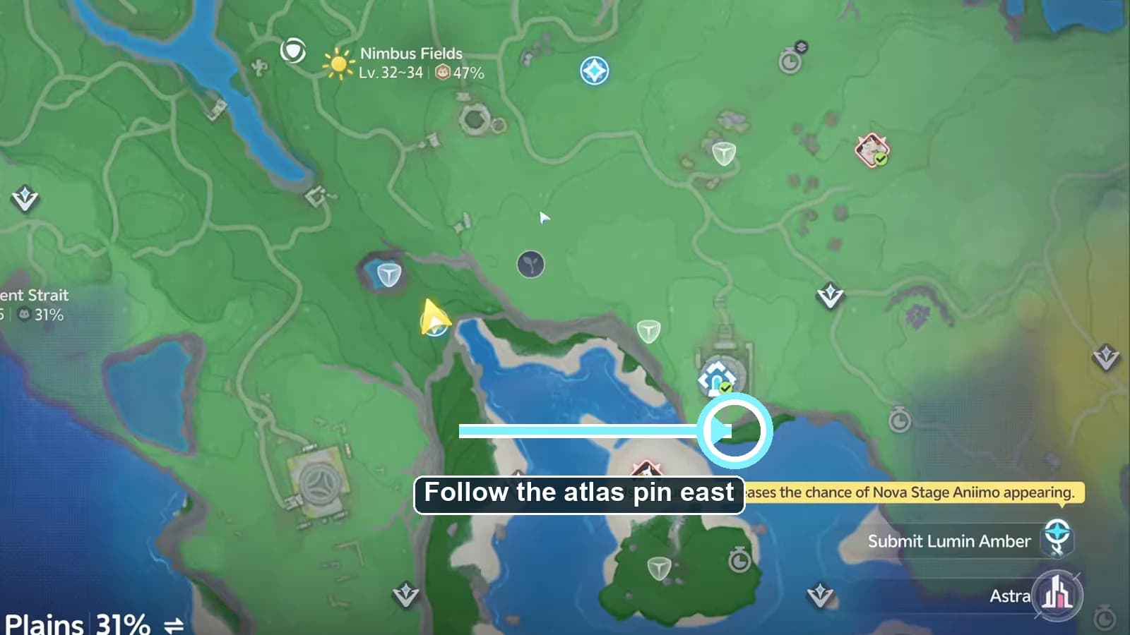 Nimbus Fields map frame with an annotated route east toward the Mistrider cave entrance