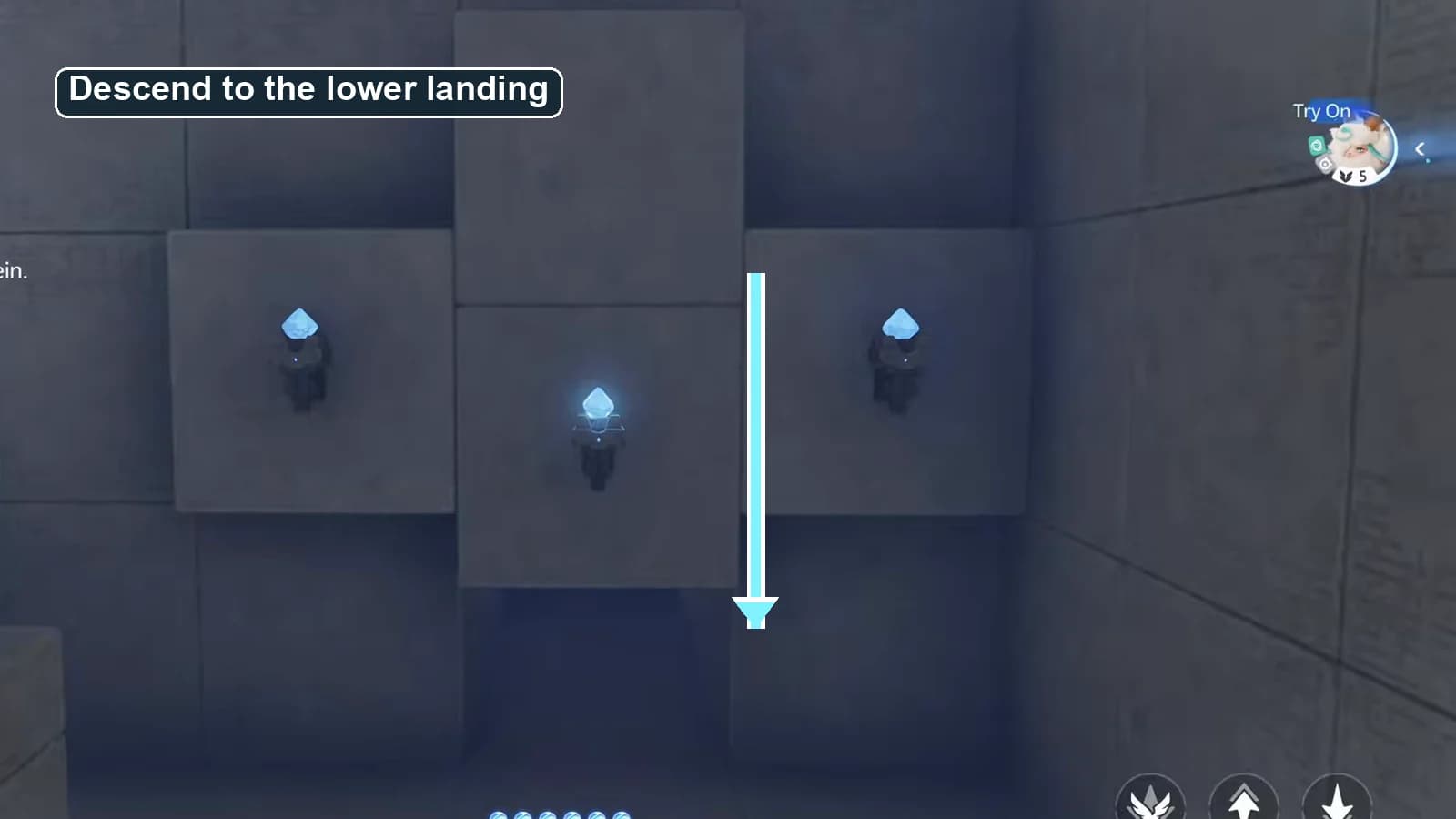 Vertical stone drop with an arrow pointing down to the lower landing