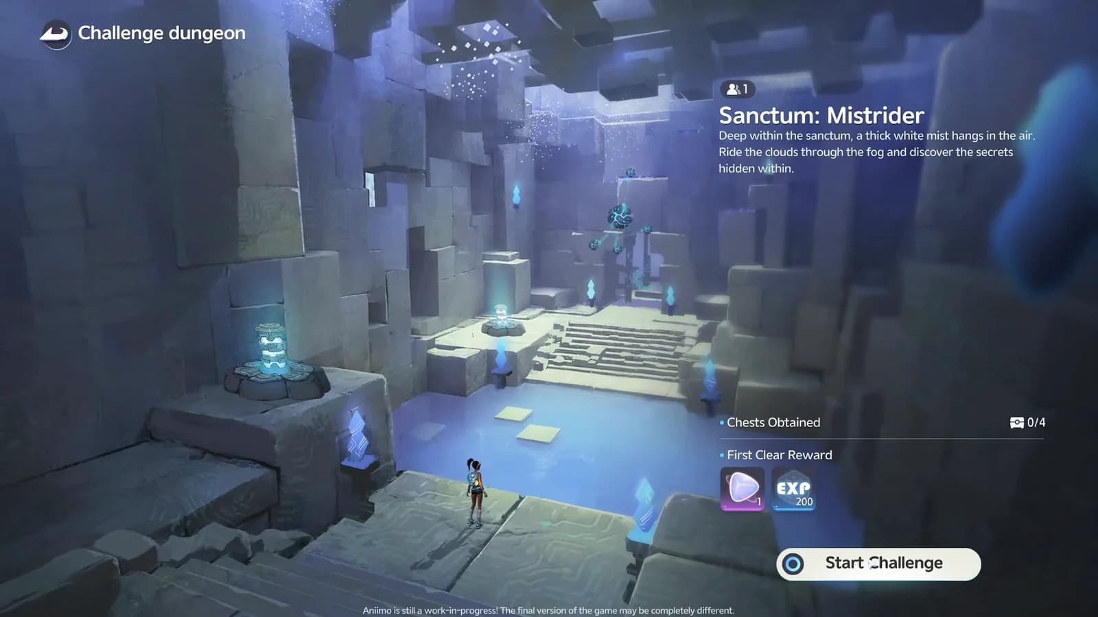 Mistrider entrance card showing the challenge name and zero of four optional chests