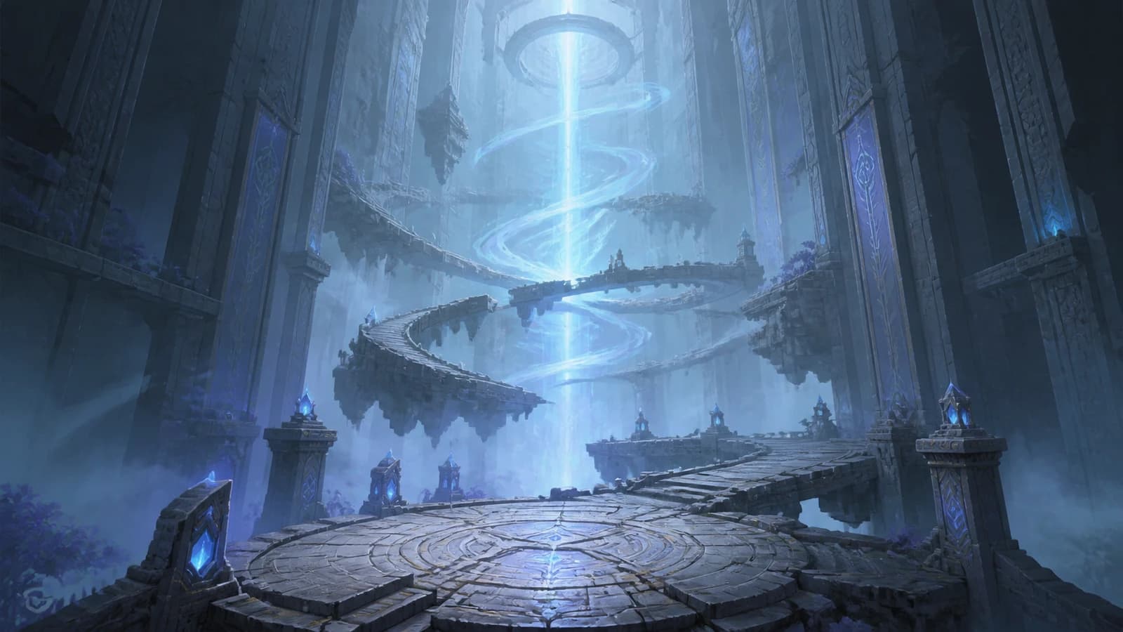 Original mist-filled vertical stone Sanctum with suspended paths and a luminous cyan wind path