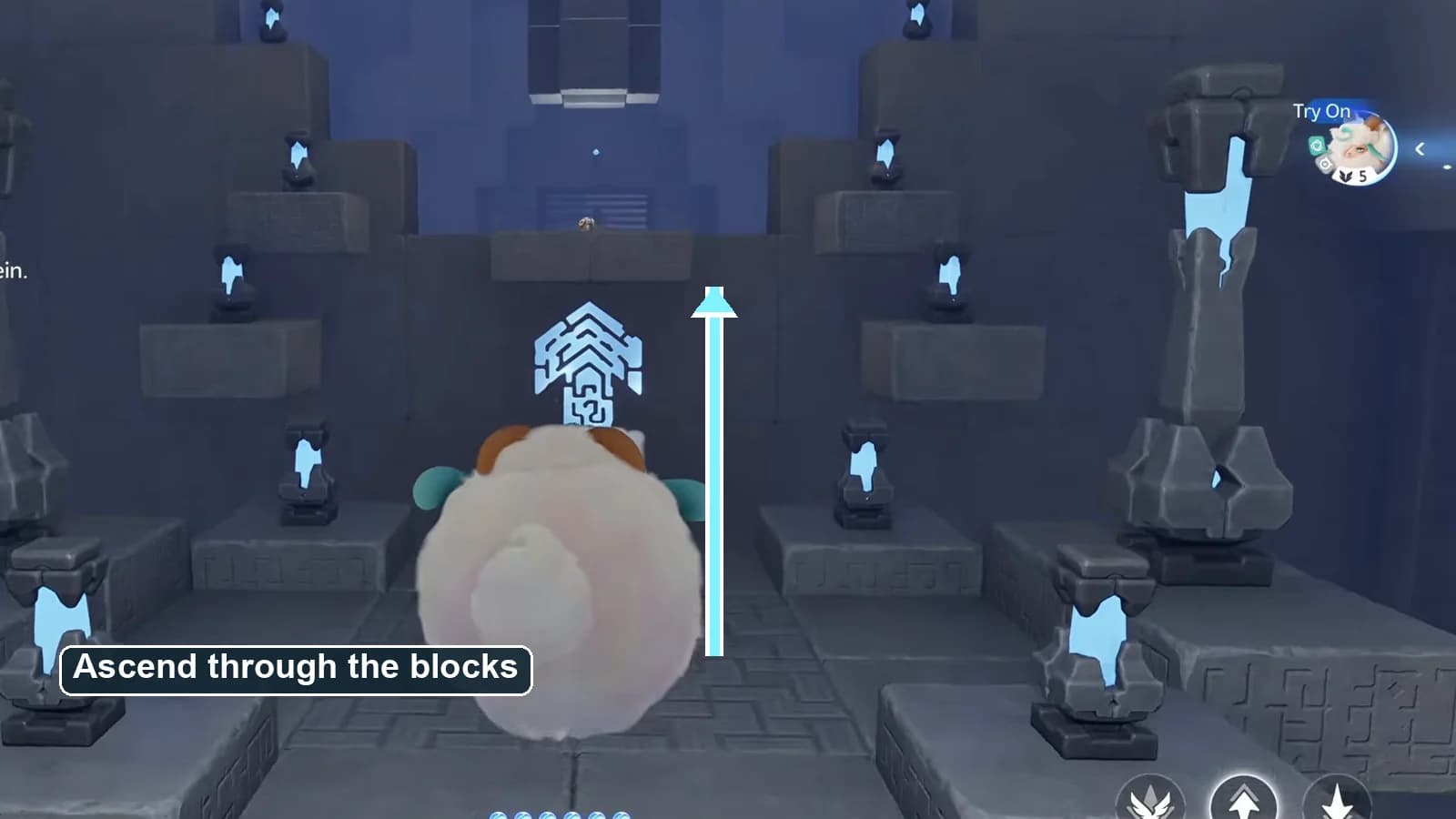 Opening stone platform wall with an annotated upward Cloudwalk route through the blocks