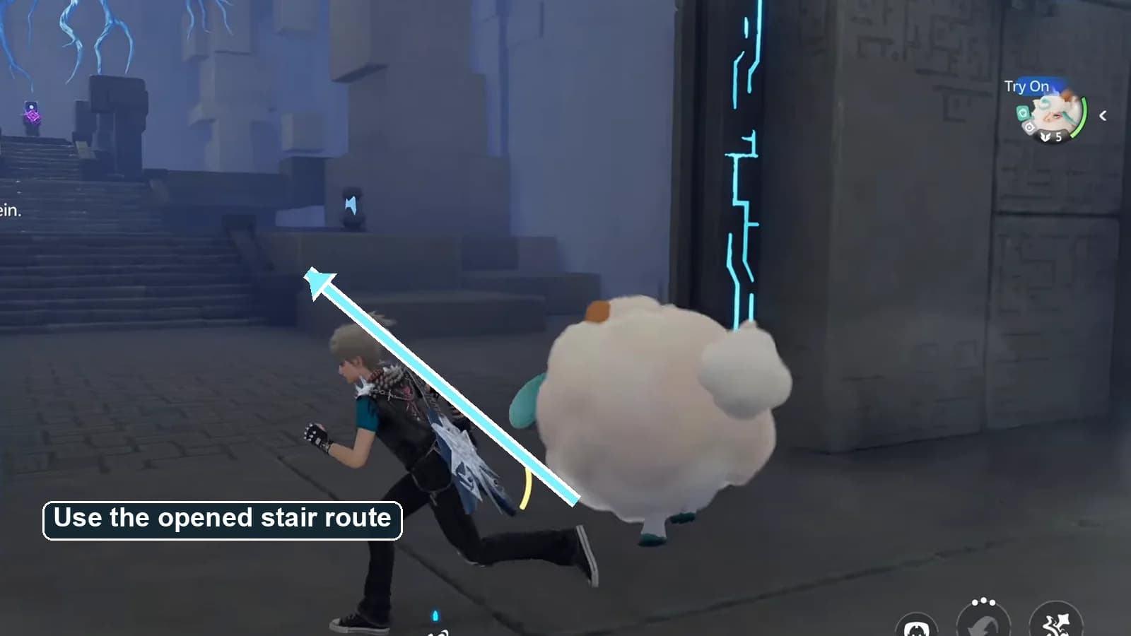 Opened cyan-trimmed gate with an arrow pointing to the stone stair route beyond it