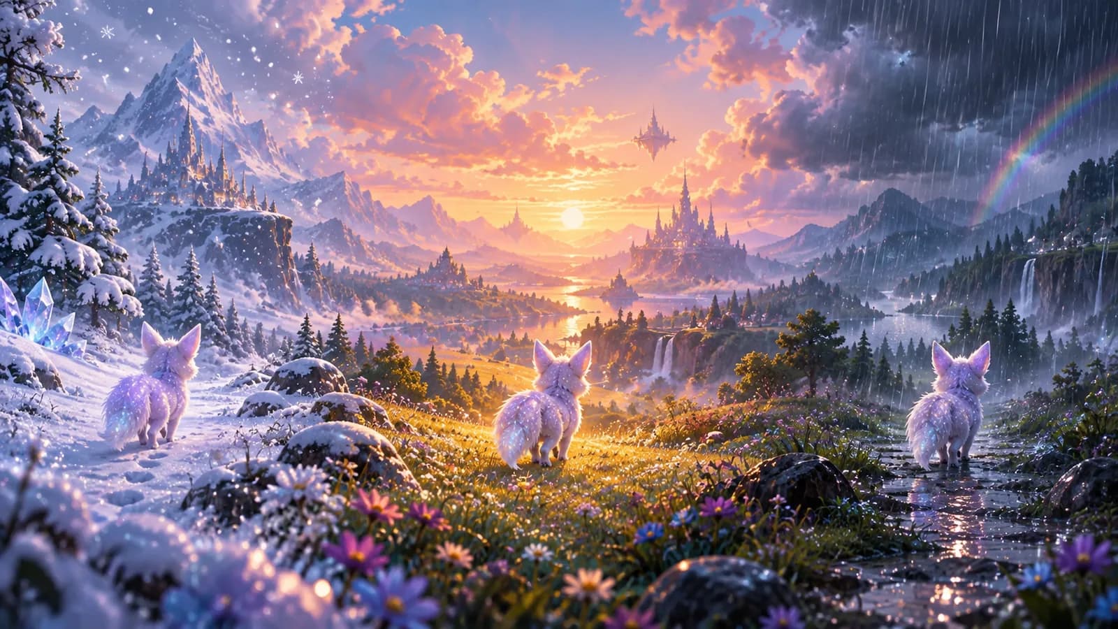 One creature standing three times across a meadow under three different skies, each carrying the same faint pearlescent glitter