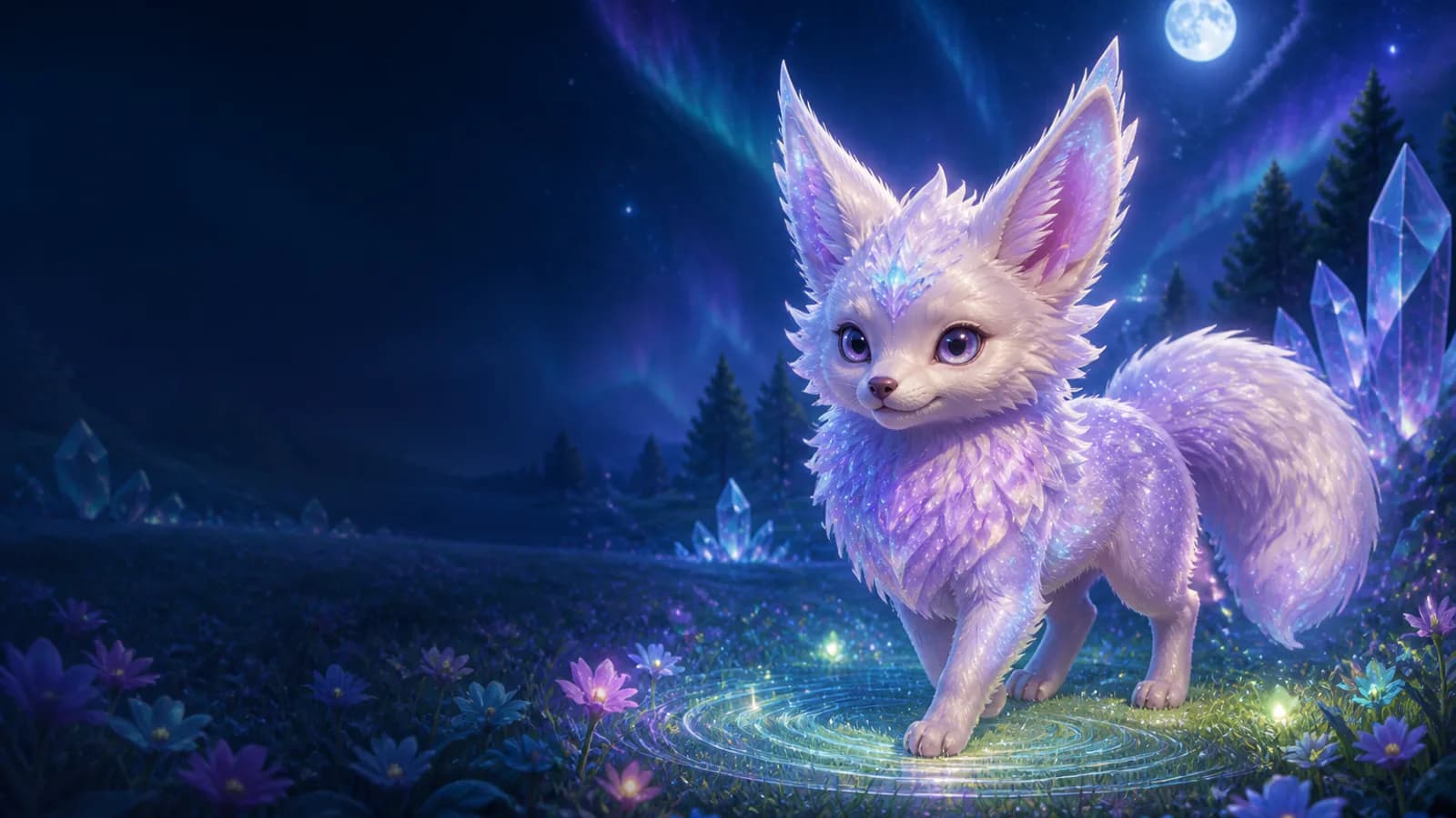 A pearlescent creature glitters in a moonlit crystal meadow as a detection pulse crosses the grass
