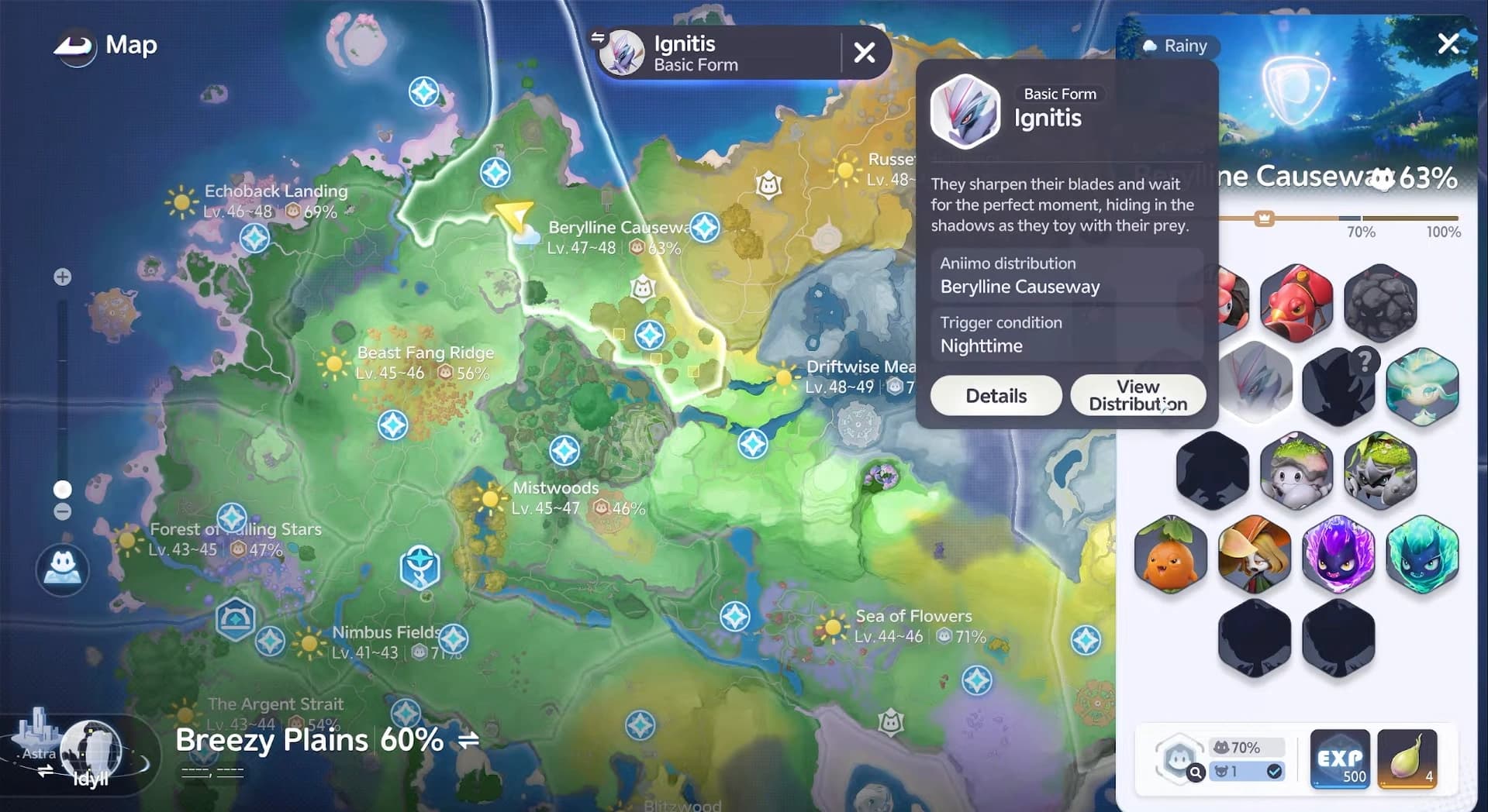 The Aniimo world map centered on Berylline Vale with the Ignitis distribution panel and yellow habitat squares visible