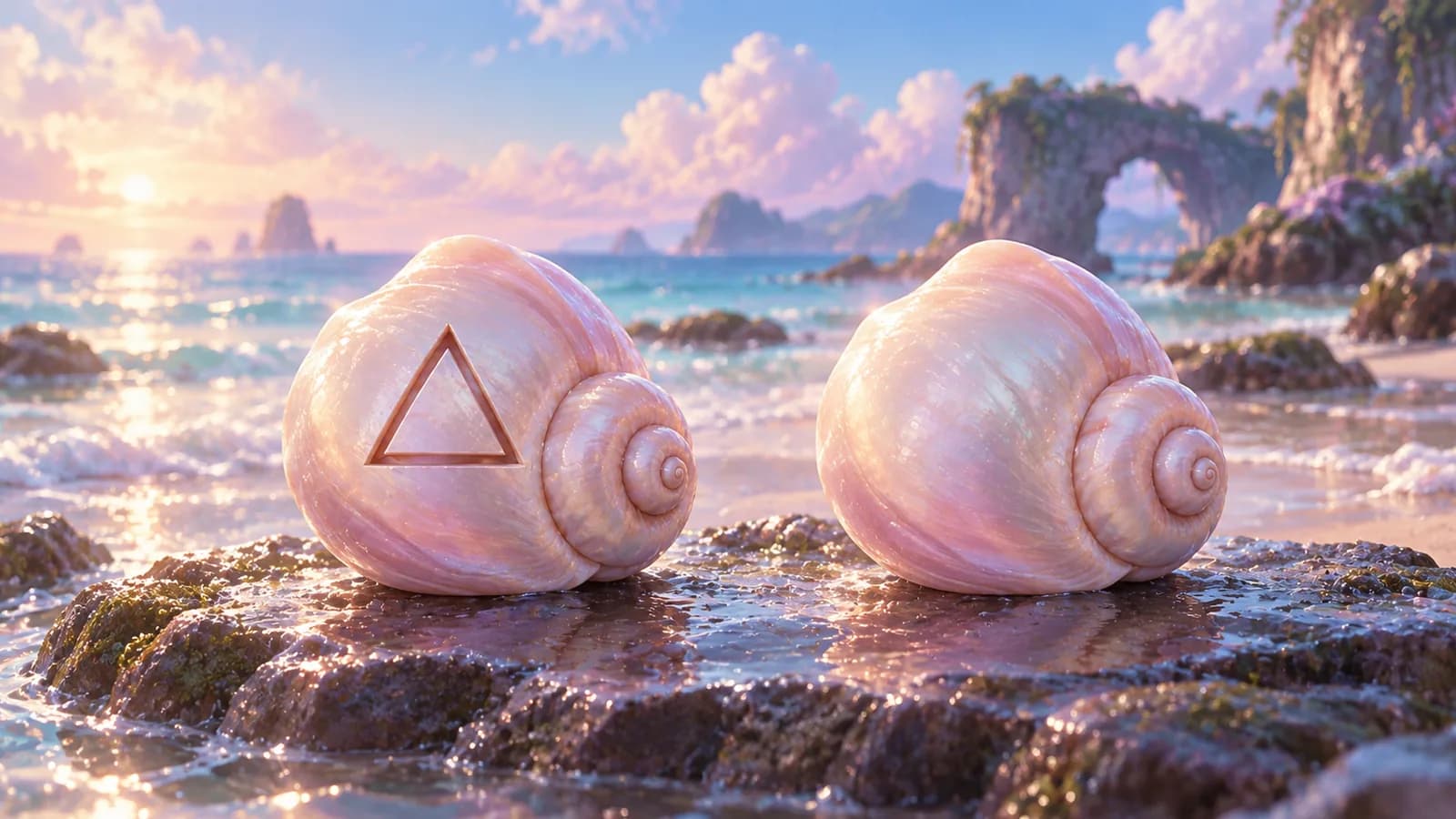Two identical pale spiral shells side by side on a wet flat rock at low tide, one with a small carved sigil cut into its lip and the other blank