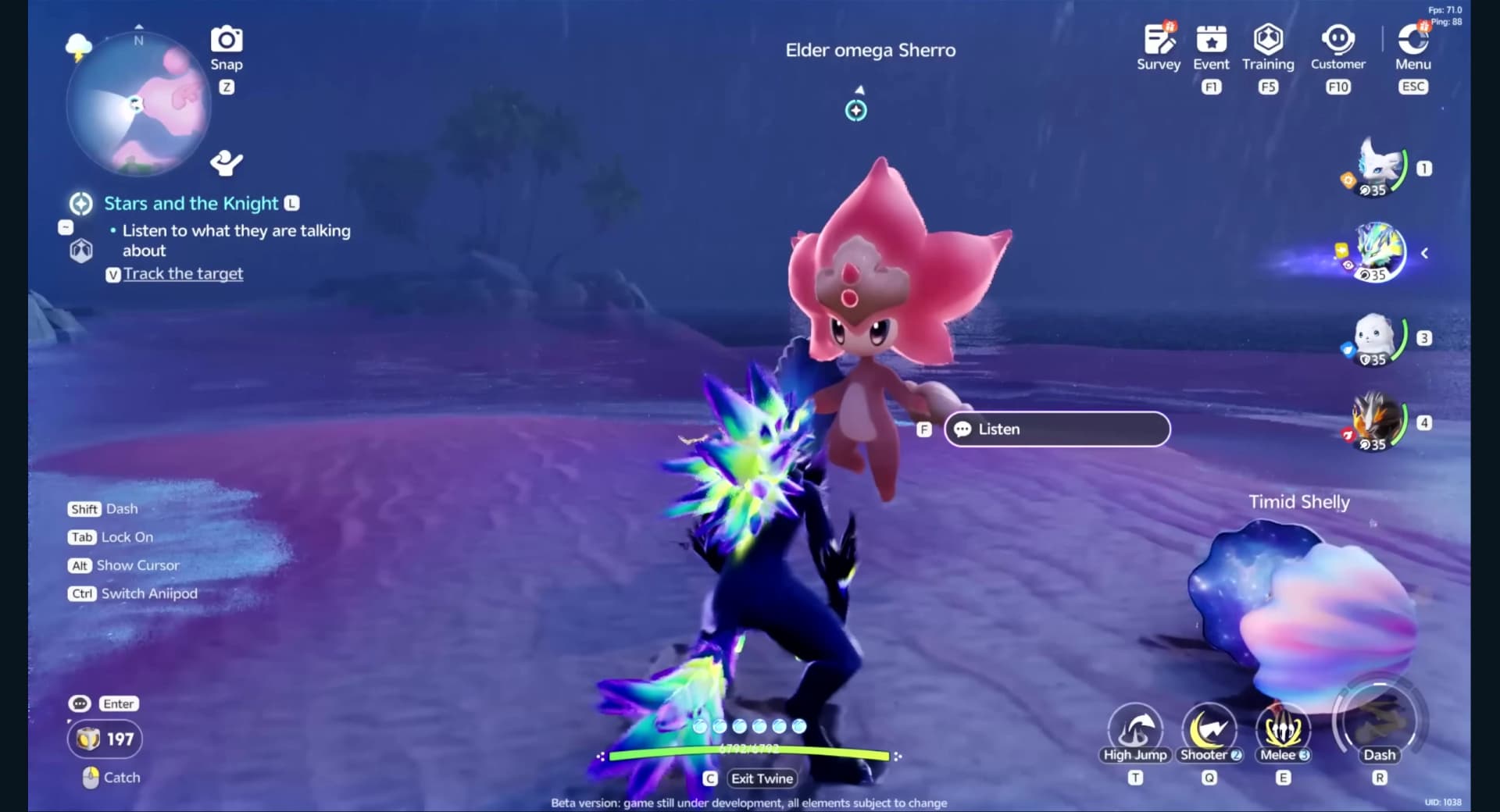Sherro beside Timid Shelly on the beach, with the Listen interaction and Stars and the Knight objective visible