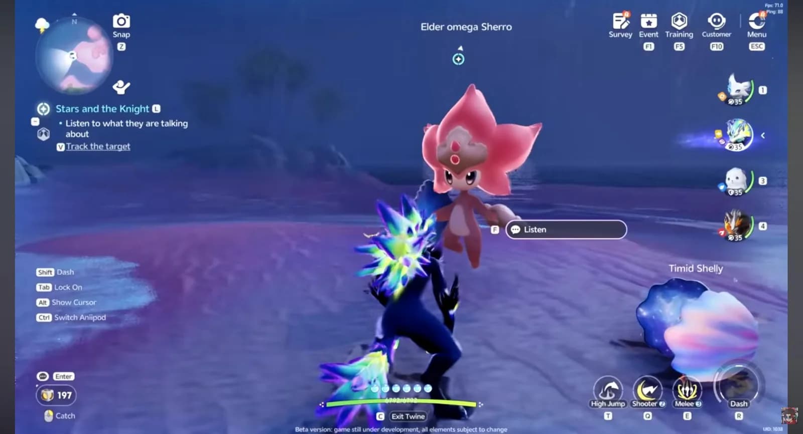 Sherro beside Timid Shelly on the beach, with the Listen interaction and Stars and the Knight objective visible