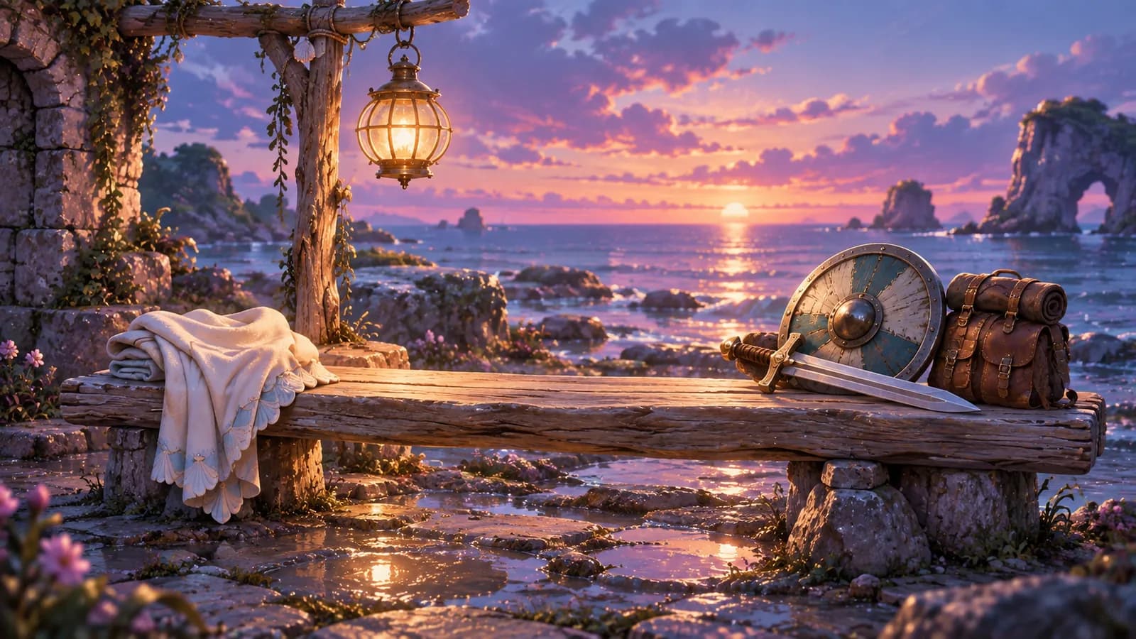 A driftwood bench under a hanging lantern on a dusk shore, with a folded shell-patterned mantle at one end and a blade, shield and packed satchel laid out at the other