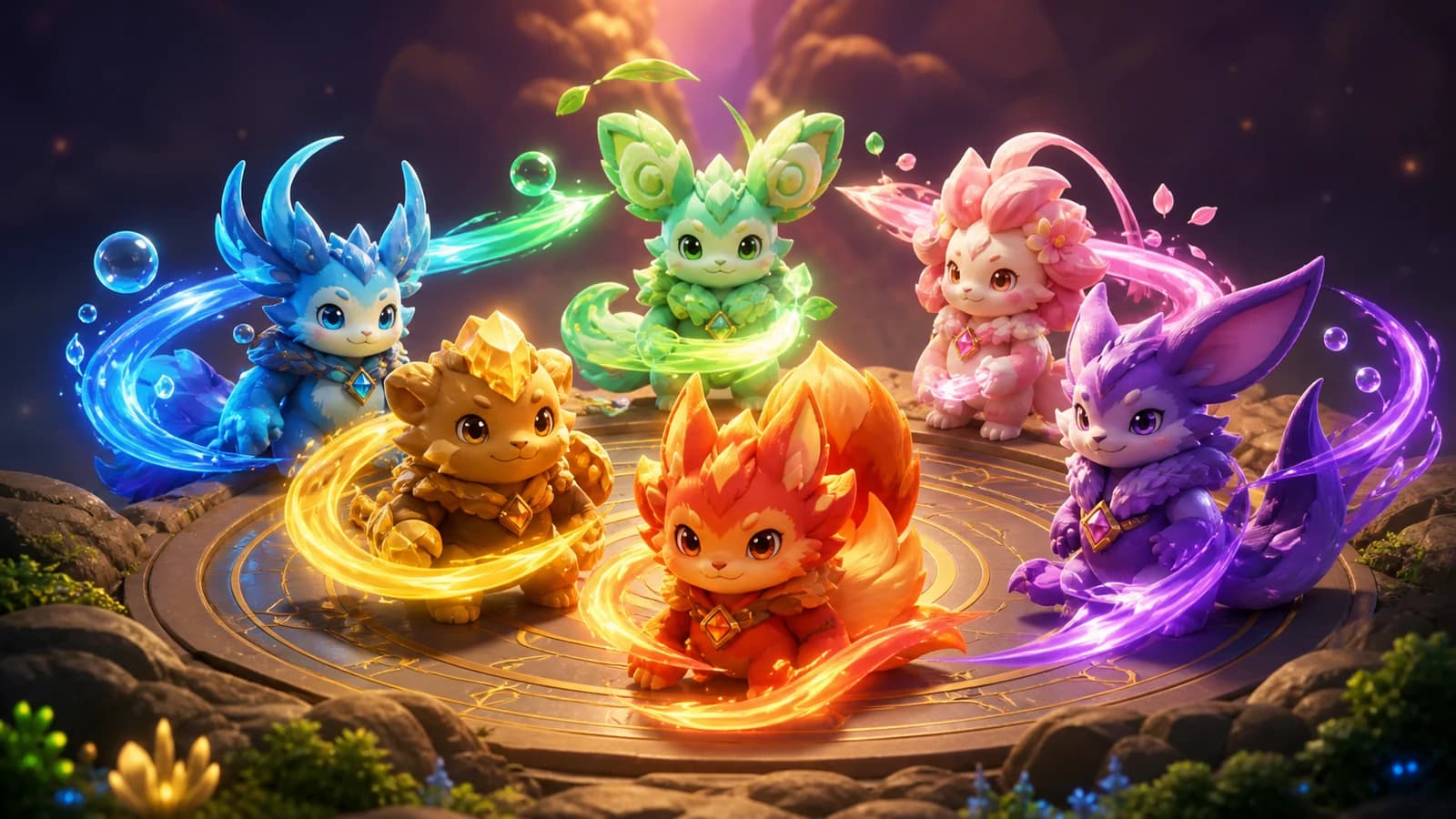 Colorful companion creatures representing damage, Break, Support, Regen and healing gather around a glowing elemental strategy table