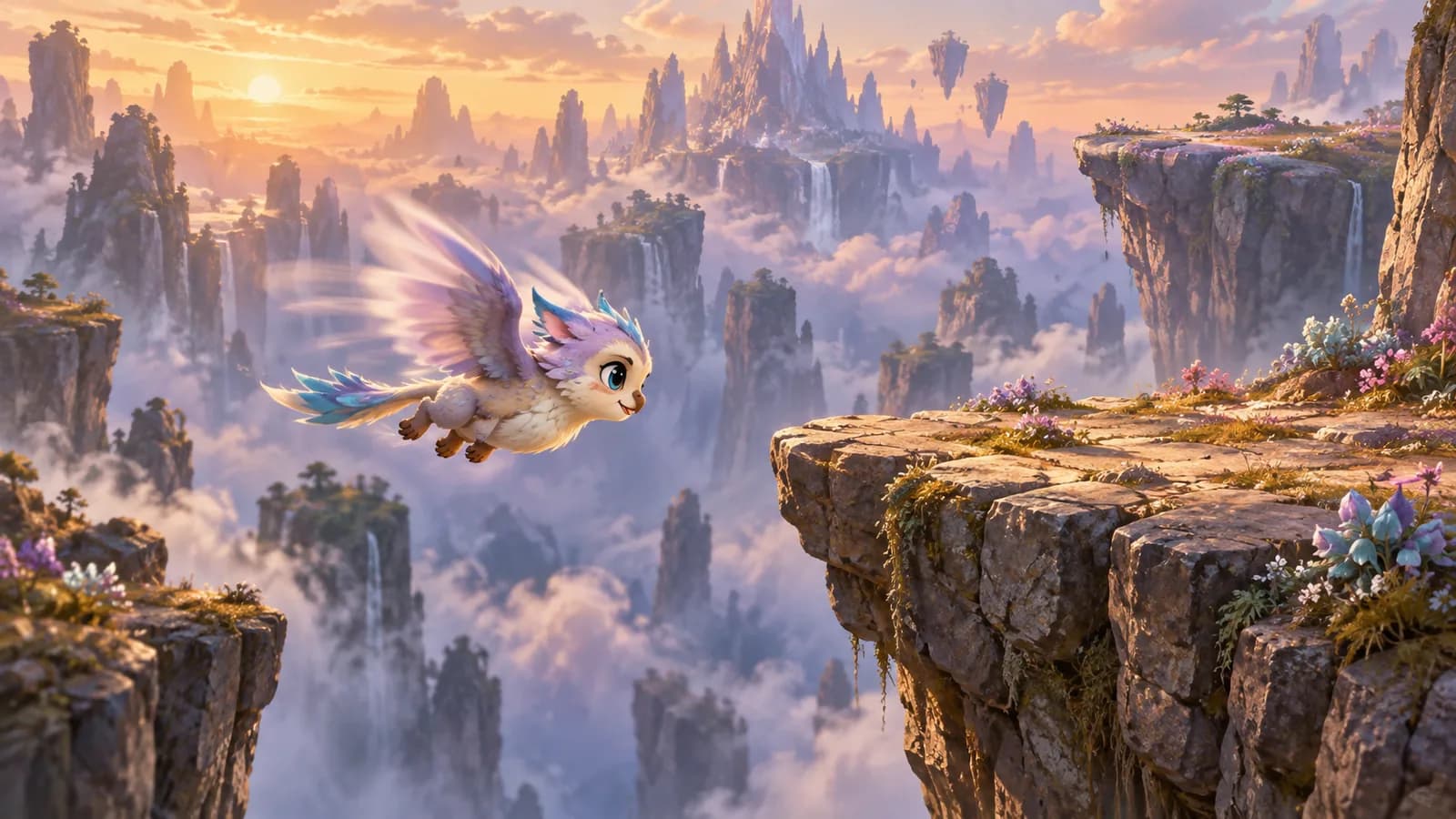A flying creature mid-crossing over a wide gap with a near rock shelf ahead and a much further one beyond it