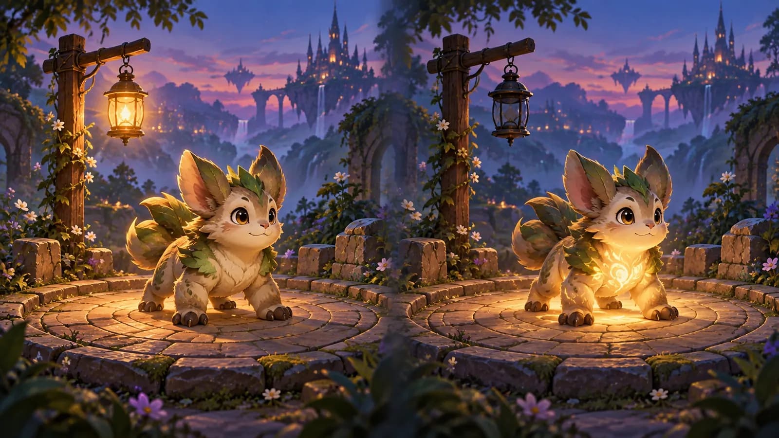 One arena shown twice, on the left a creature fighting under a lantern on a post and on the right the same creature glowing with the post dark