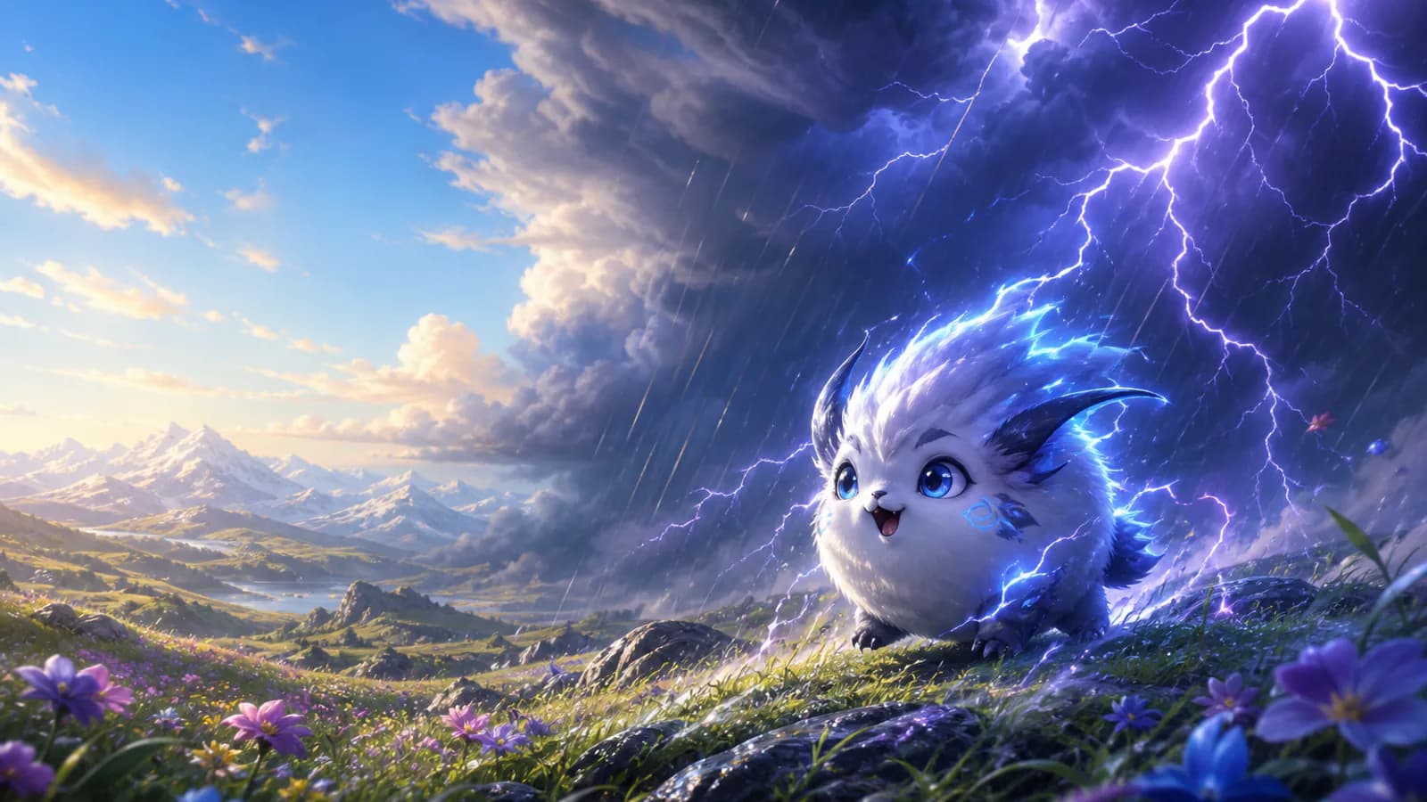 A storm creature appears where clear highlands meet a lightning-filled weather front