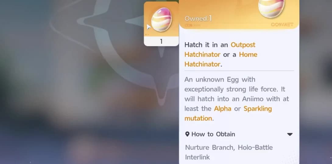 The Wonder Egg tooltip stating it hatches into an Aniimo with at least the Alpha or Sparkling mutation