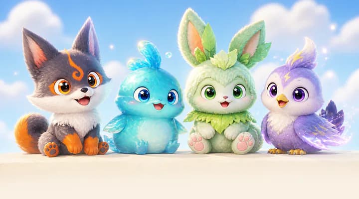 A row of Aniimo of different elements sitting side by side like collectible plushies