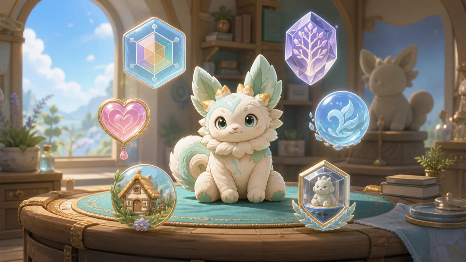 A companion at an appraisal bench surrounded by separate stat, form, personality, skill, collection and Homeland tokens