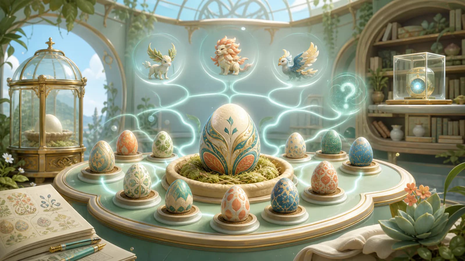 A conservatory almanac displays patterned eggs and branching light paths toward known and unresolved hatch outcomes