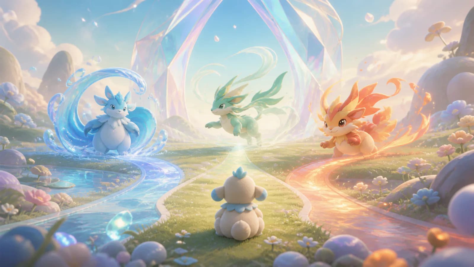 A small companion considers three elemental form paths beneath a pearlescent prism arch