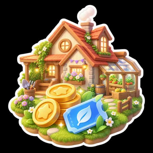 A miniature Homeland cottage and greenhouse with coins and a blue resource ticket