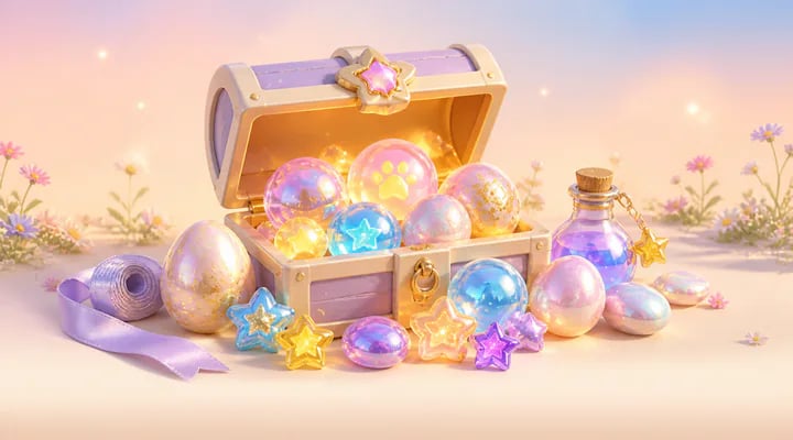 An open treasure chest spilling orbs, eggs and charms