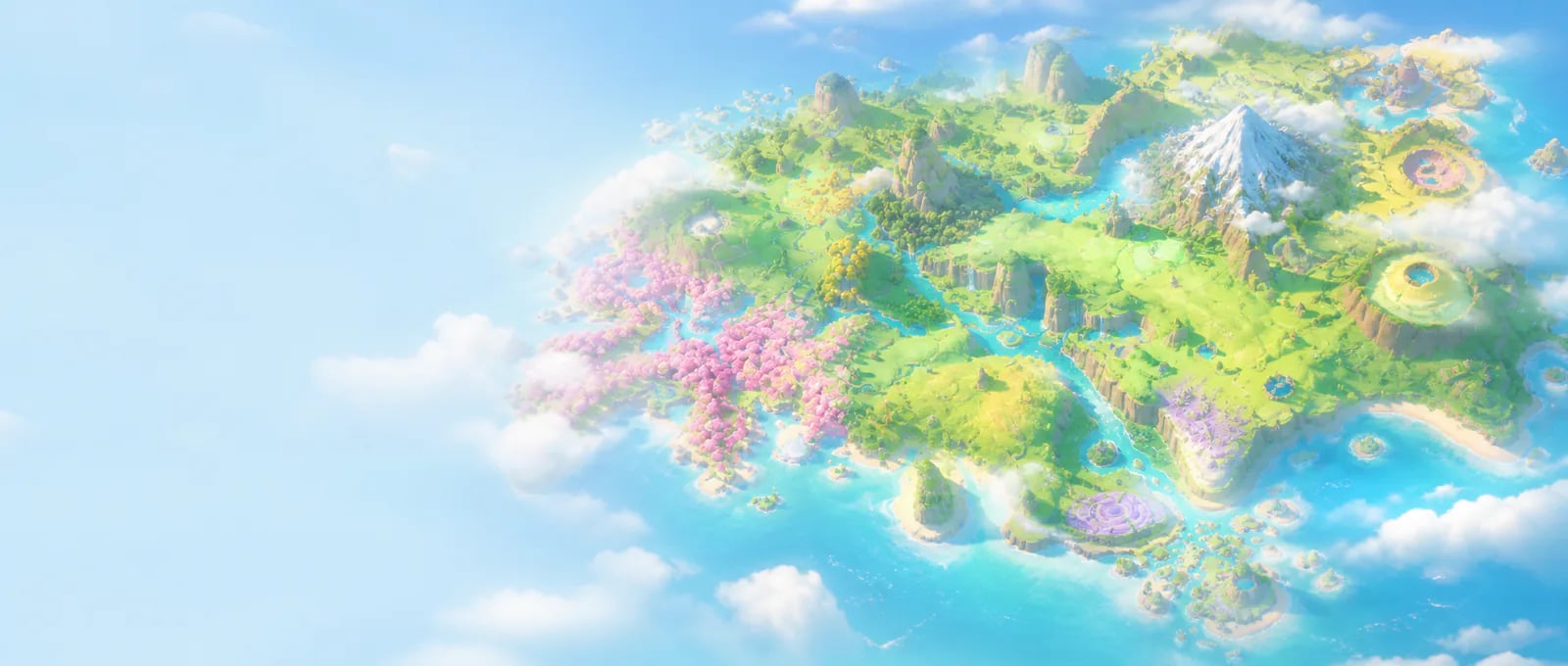 An Idyll-inspired island from above with meadows, a turquoise river, a blossom forest and a snowy peak