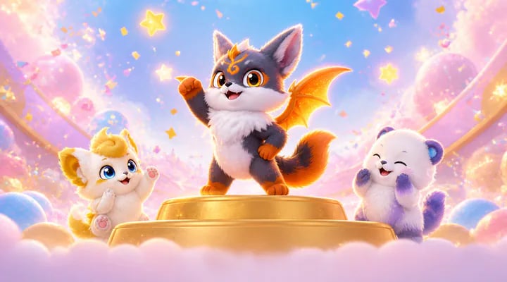 An Aniimo on a golden first-place podium with two smaller creatures cheering beside it