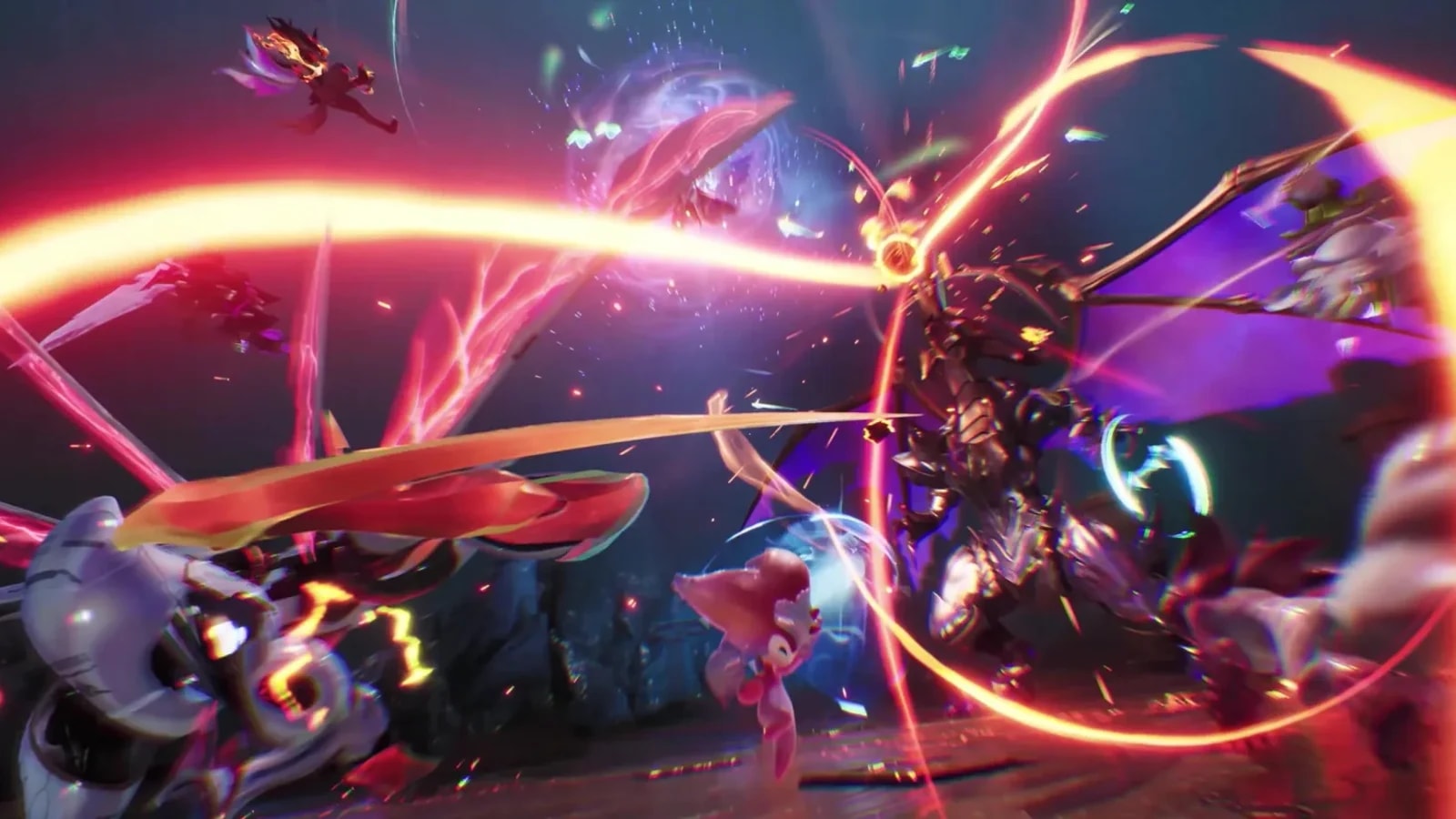 Aniimo battle a large enemy amid colourful combat effects