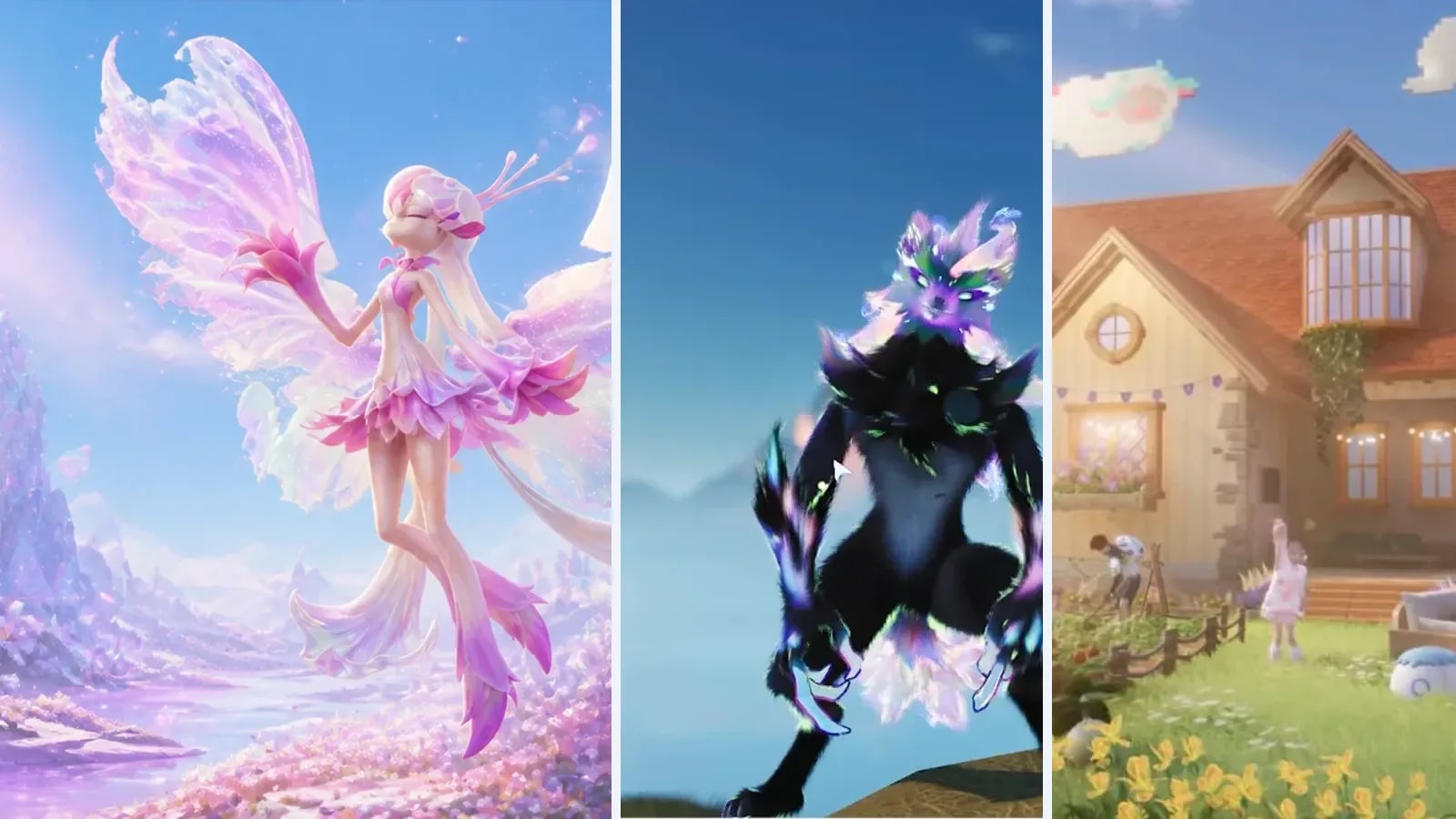 Irisalis, a Prismana Blazen and a decorated Homeland house side by side under a light sky, the three systems the launch letter changed most