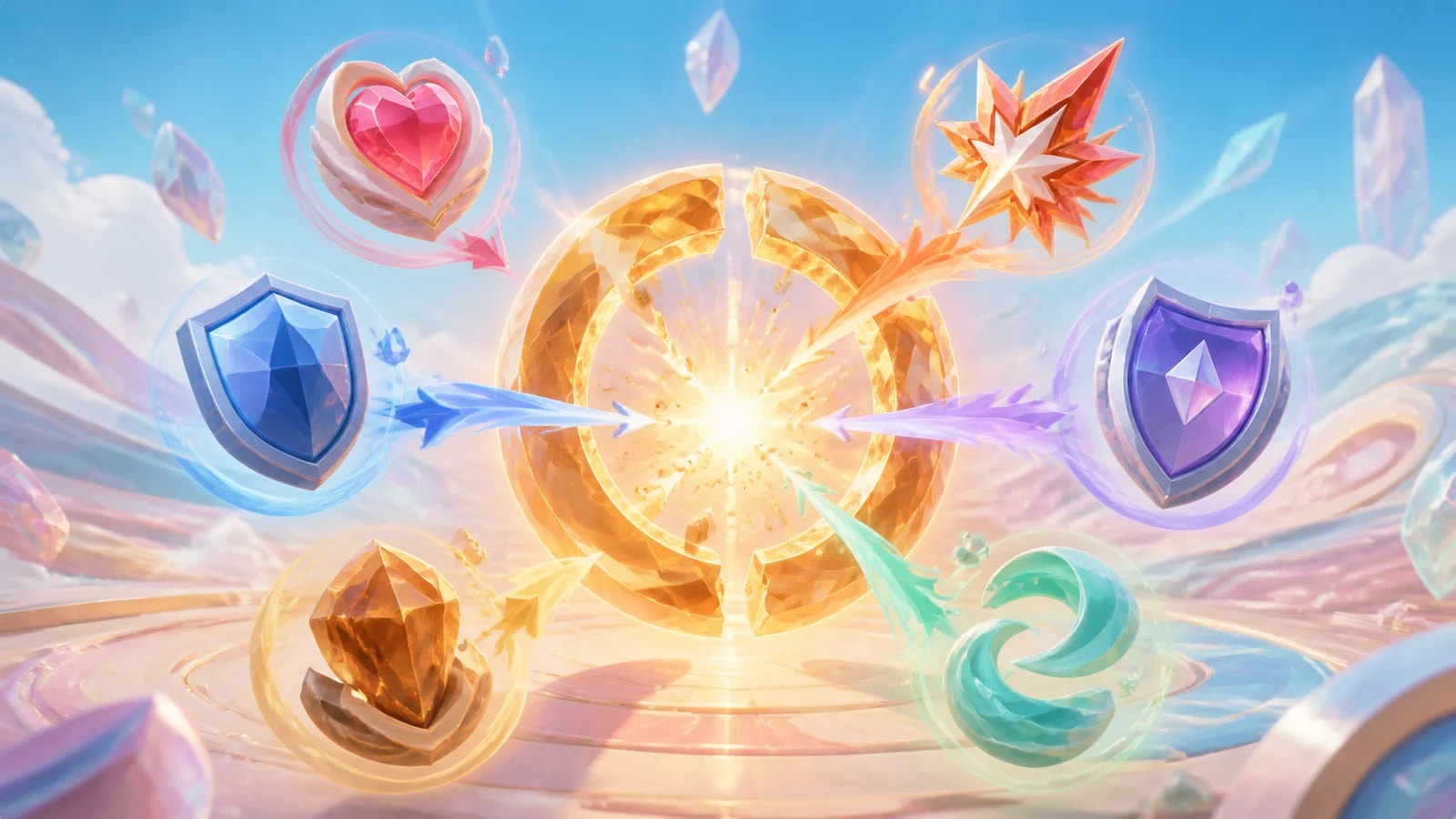 Six crystal stat emblems converge on a golden guard ring as it cracks into a BREAK window