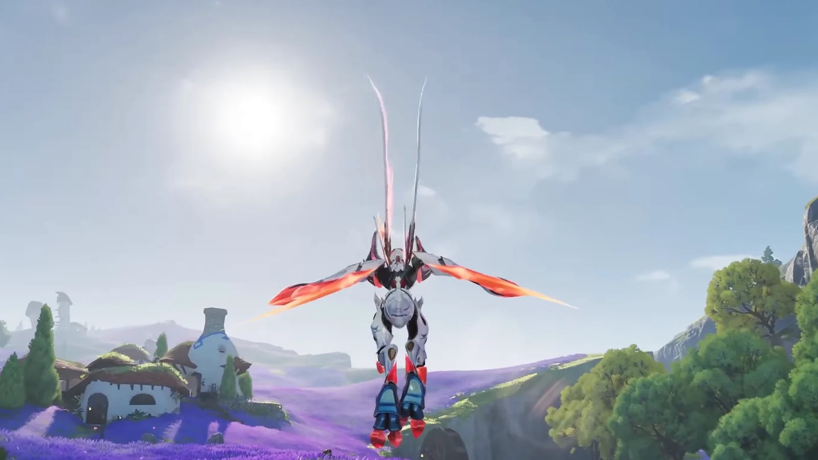 A Pathfinder twined into a winged Aniimo hovers above a lavender valley and a village of round stone houses