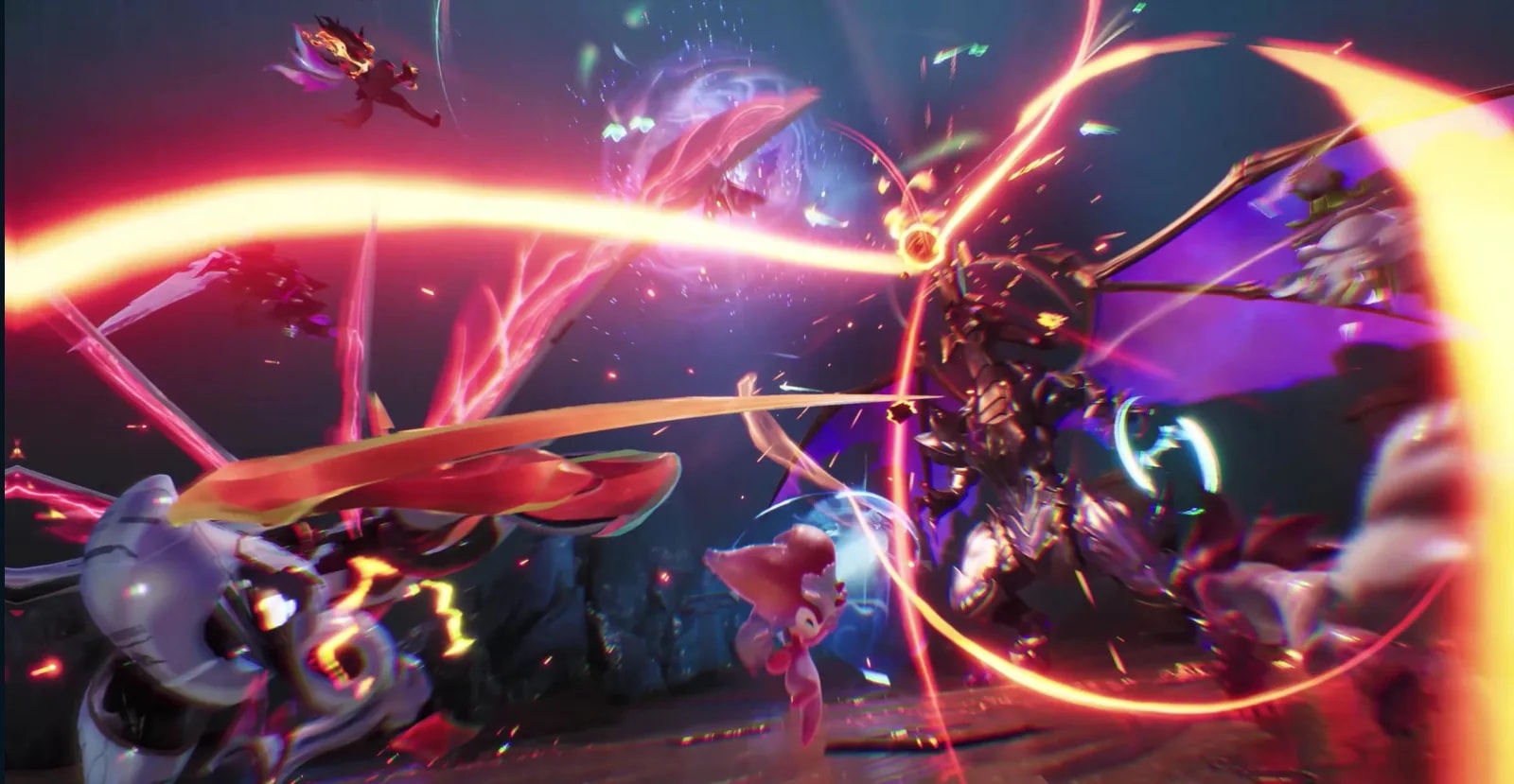 Several Aniimo converge on a towering armored winged enemy as red attack trails cross the arena