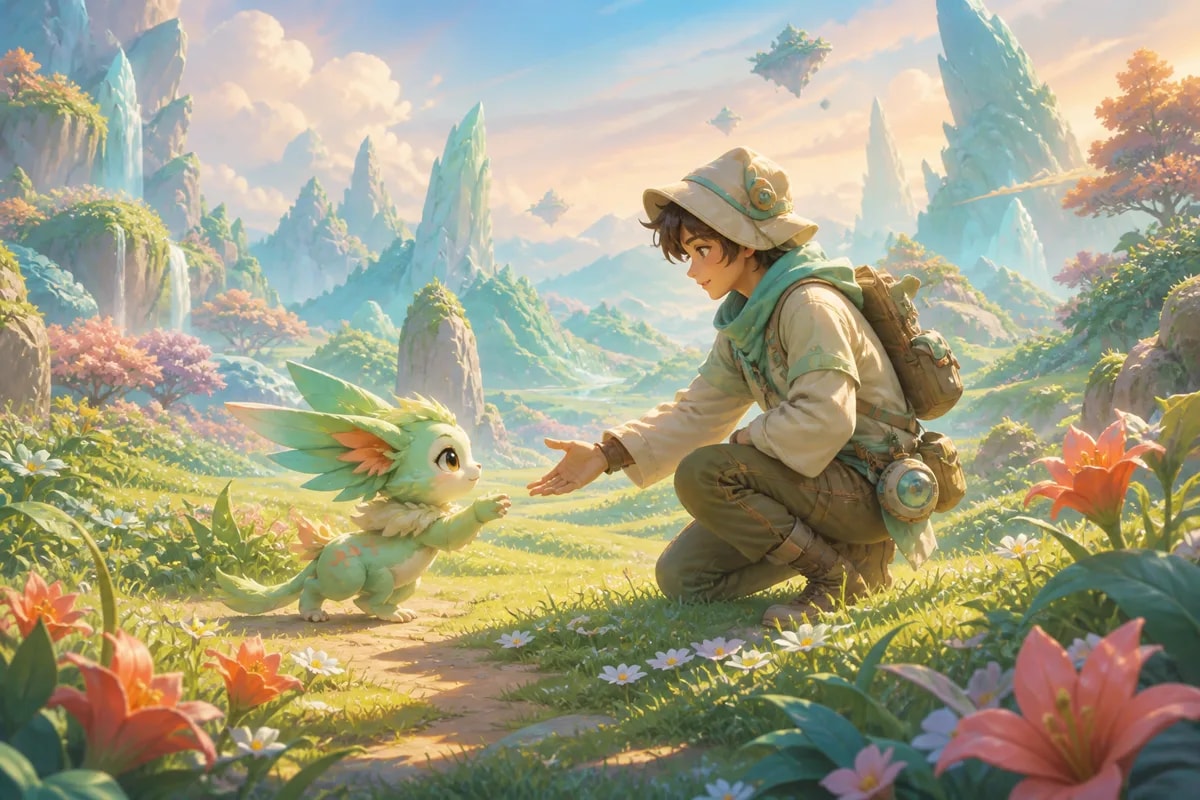 An explorer kneels in a bright alien meadow and offers a hand to a small wild companion creature