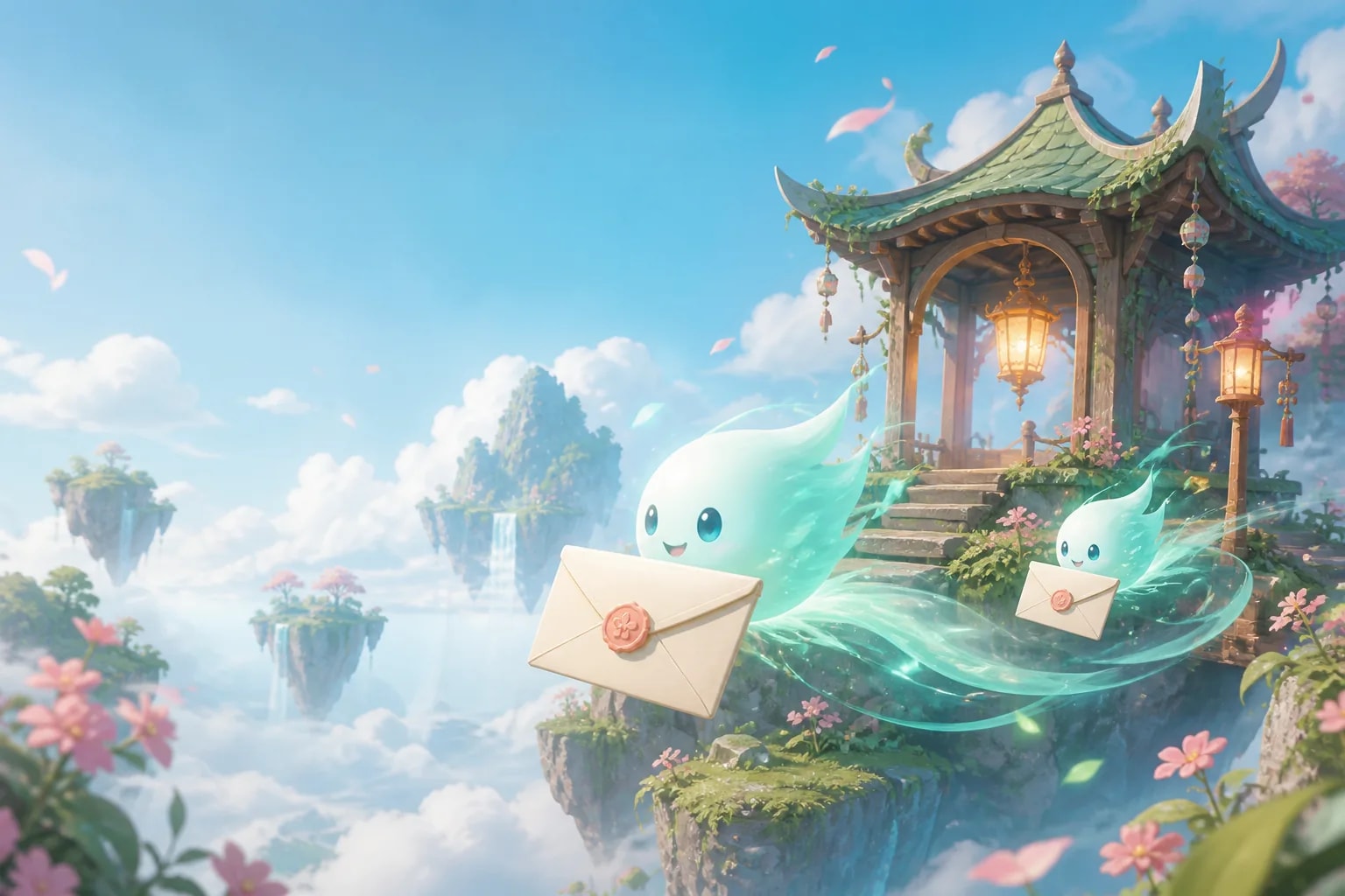 Two friendly messenger wisps carrying sealed envelopes toward a lantern pavilion