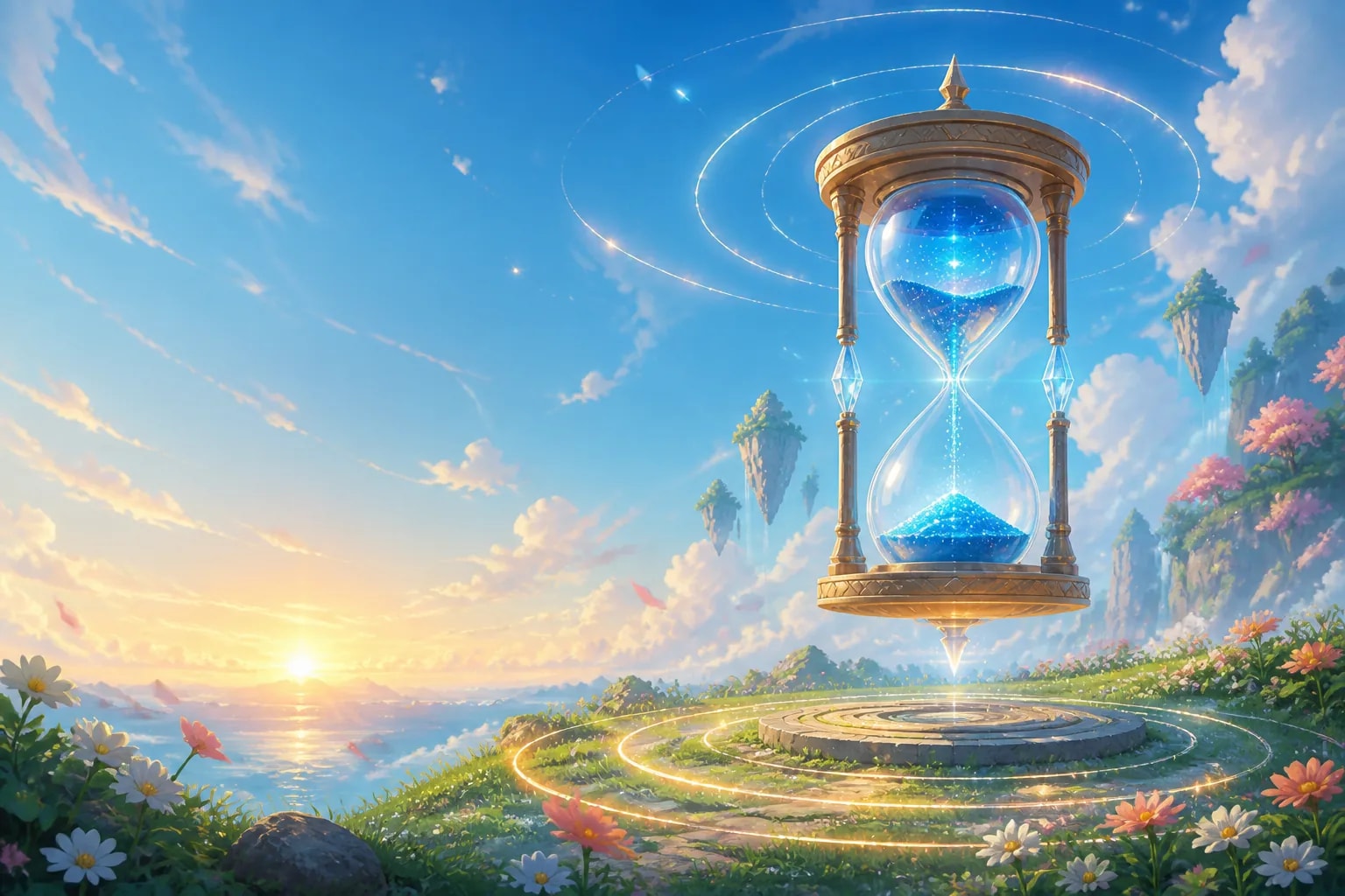 A celestial hourglass hovering over a bright floating meadow at sunrise