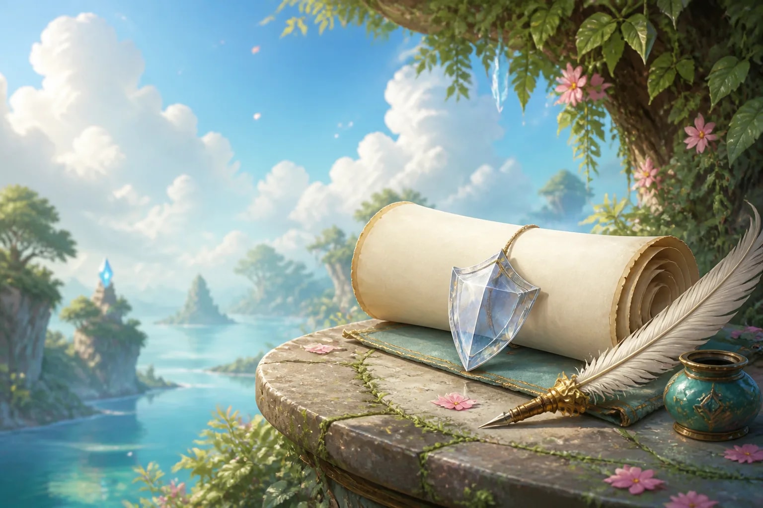 A blank parchment, protective crystal shield and feather quill on a garden desk