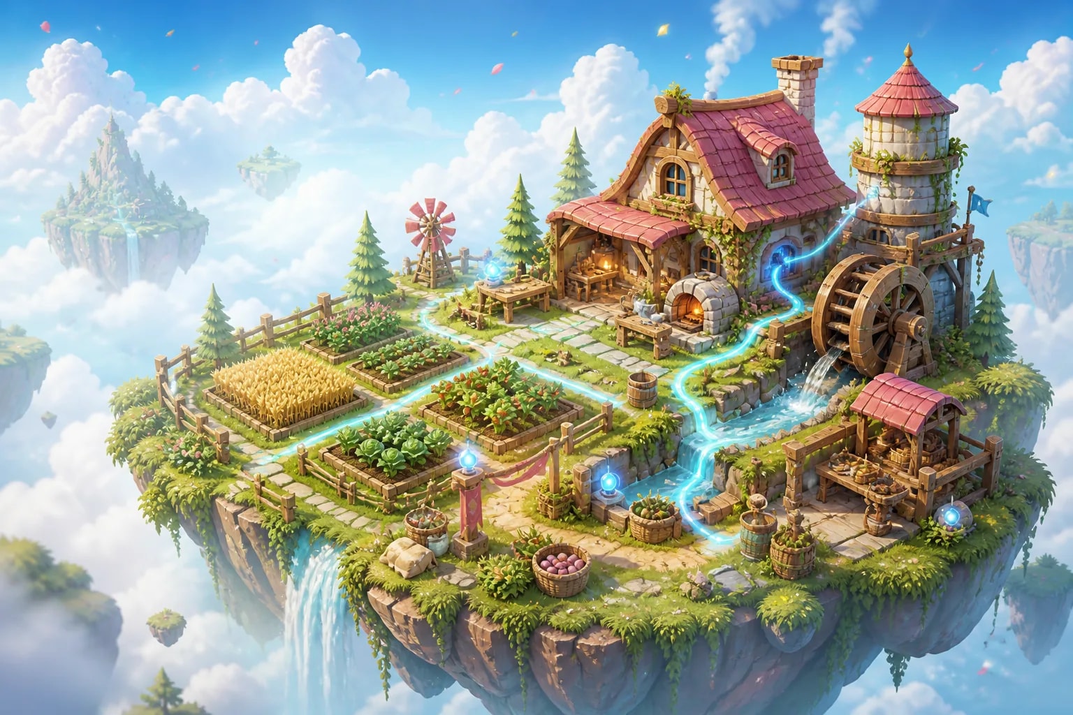 An efficient floating homestead with crop plots, workshops and glowing supply lines