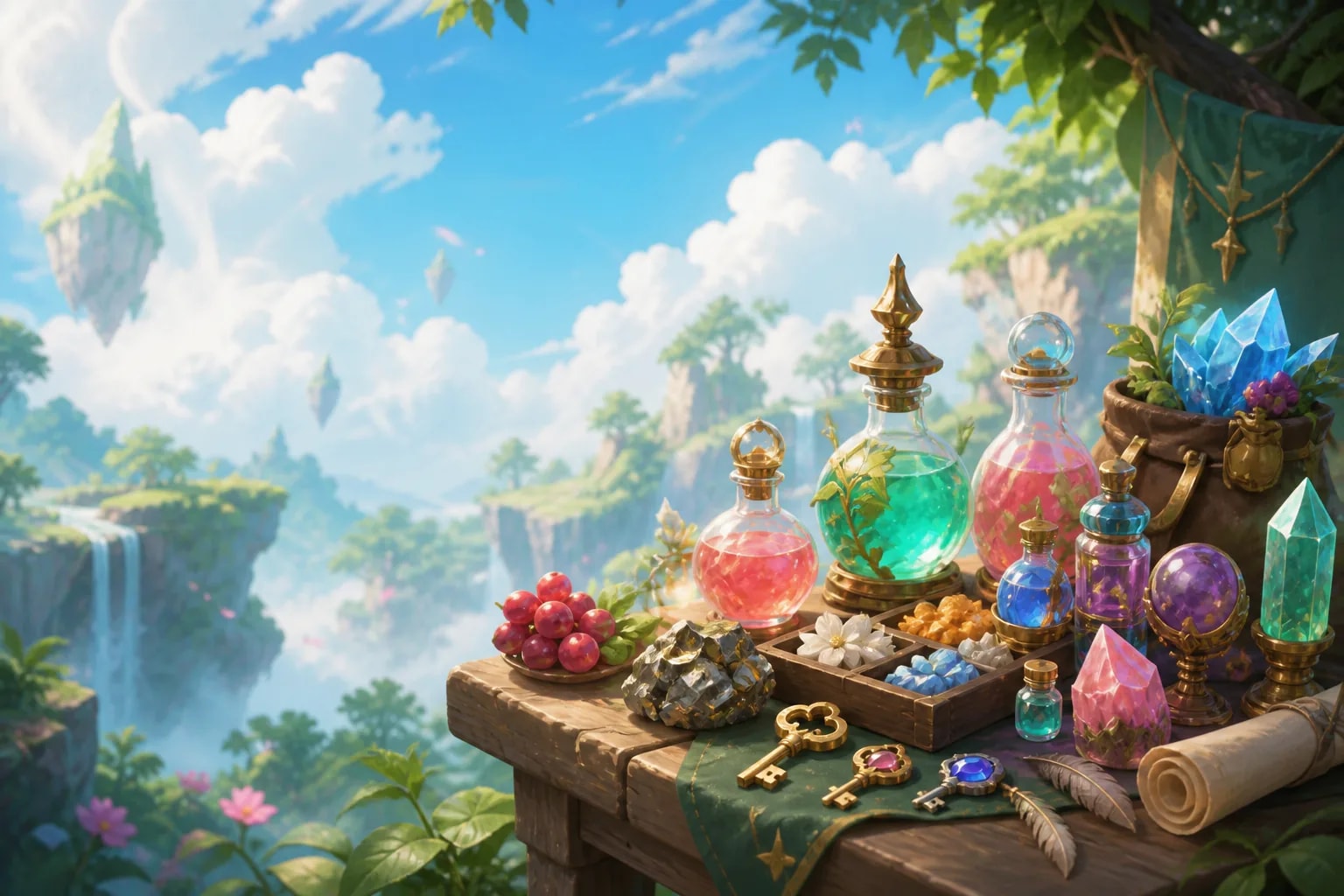 A field table displaying colorful potions, berries, ore, keys and crystal artifacts