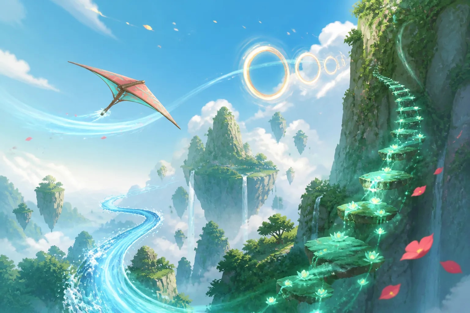 A glider and luminous traversal trails racing across floating islands