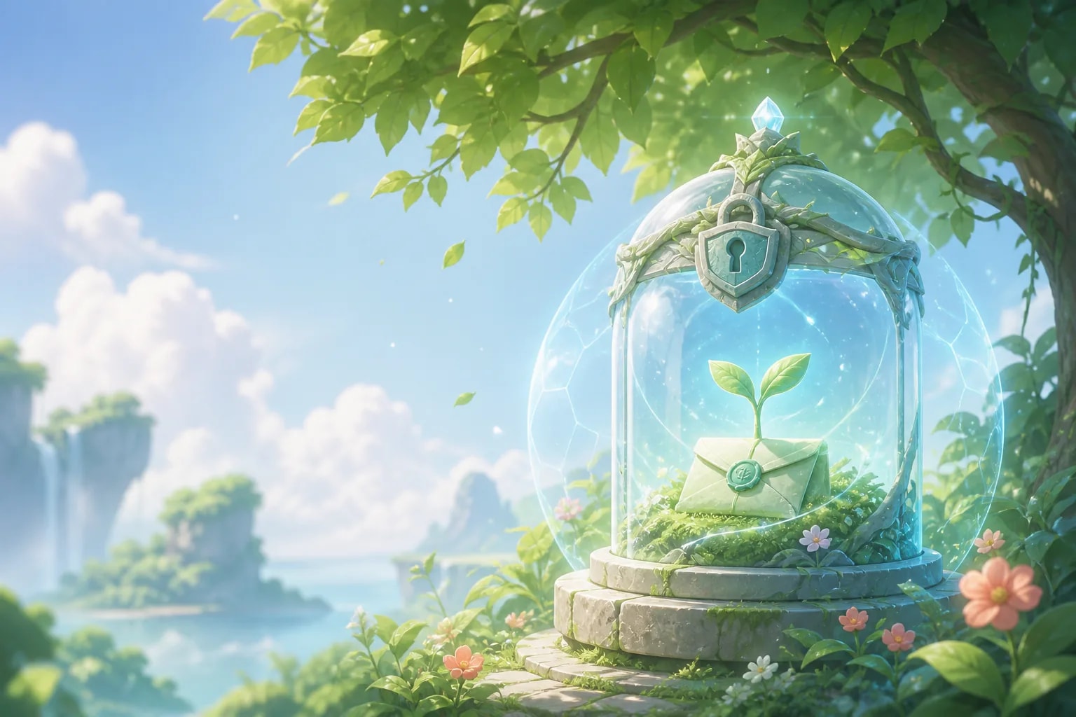 A glass vault protecting a glowing seed and sealed envelope beneath a leafy canopy