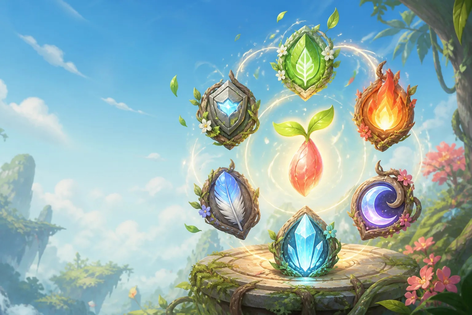 Natural trait charms orbiting a luminous seed in a bright floating garden