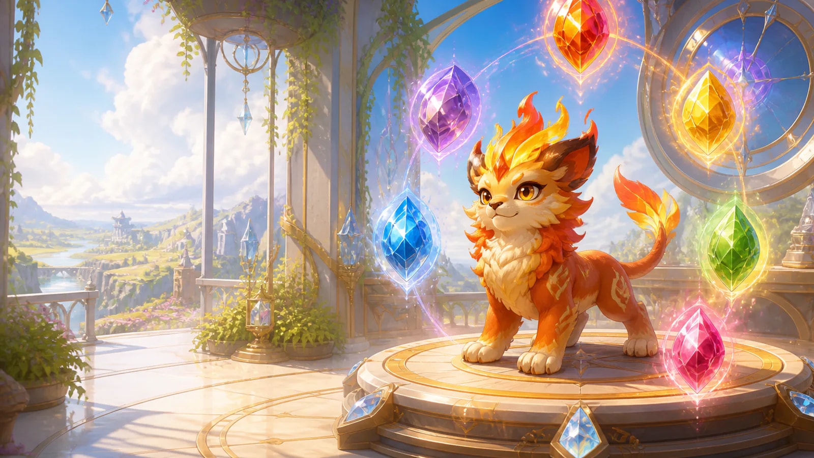 A young fire creature stands on an appraisal dais encircled by six colored potential facets