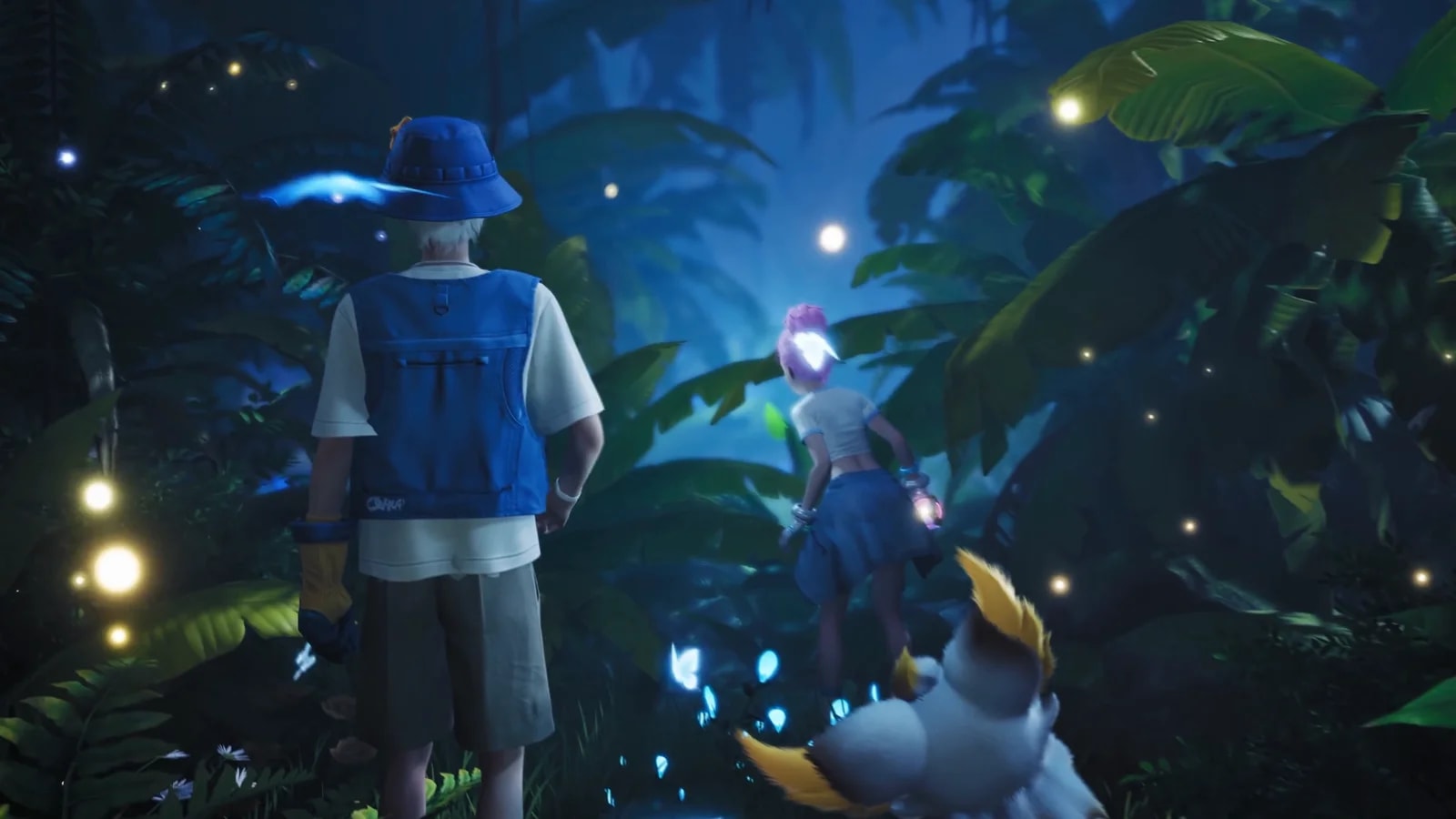 Two Pathfinders and their Aniimo walk together through a glowing night forest lit by drifting lanterns