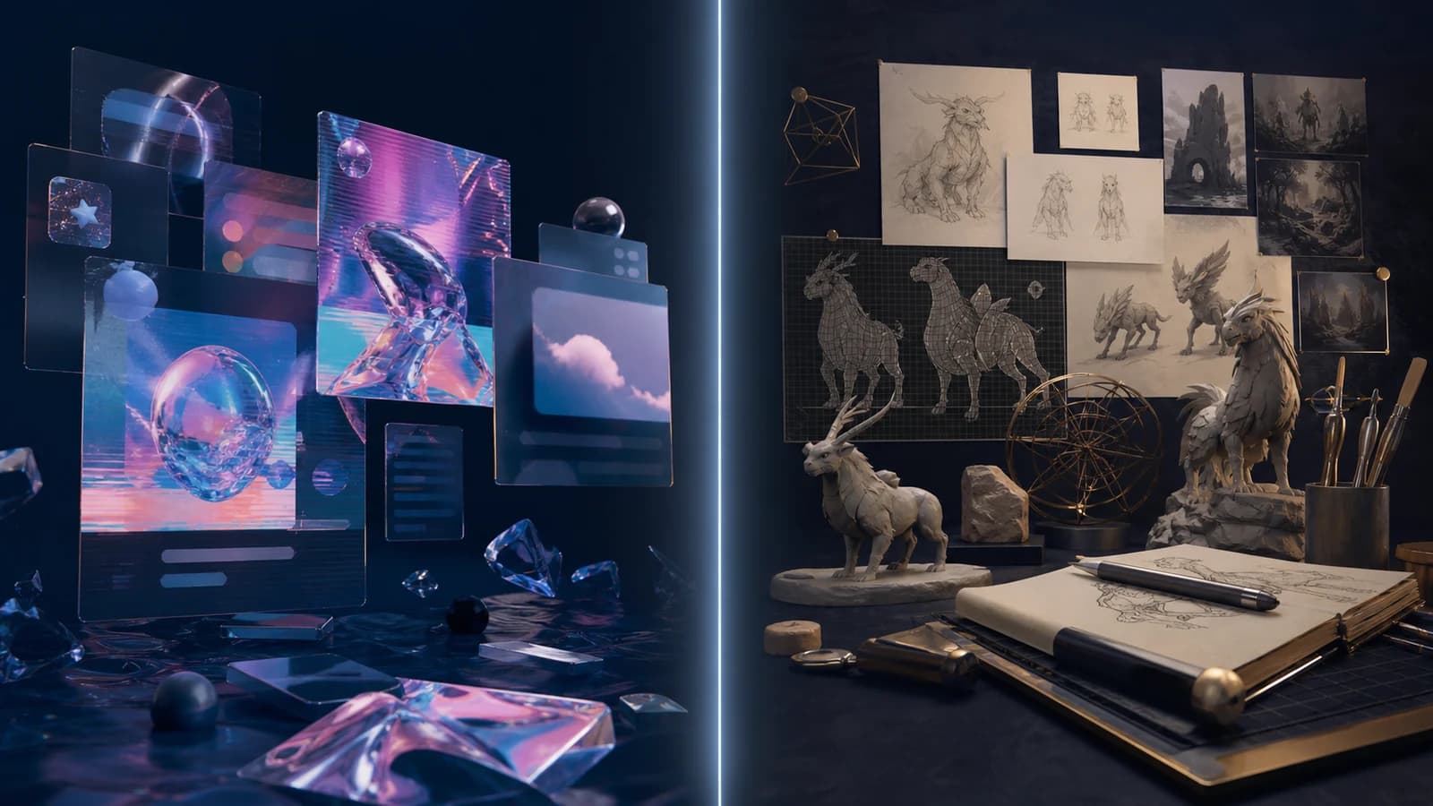 Abstract advertising panels sit opposite a creature design workspace, divided by a narrow line of light