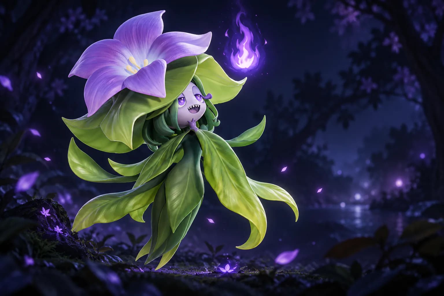 Illustration of Hexxin with a violet flame in a moonlit forest